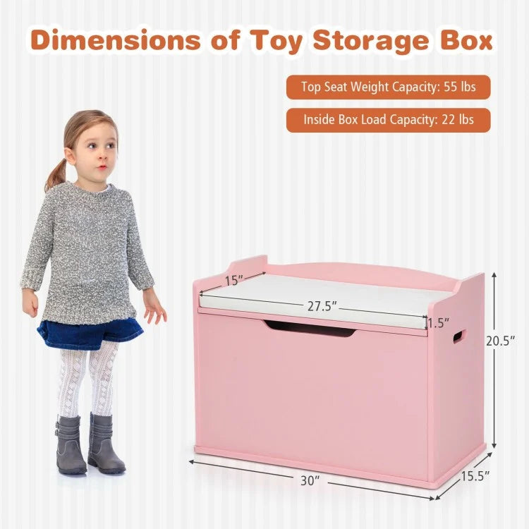 Wooden Flip Top Storage Box with Cushion - Kids Toy Chest Bench with Hinge, Pink | Perfect for Bedroom, Playroom & Nursery Organization