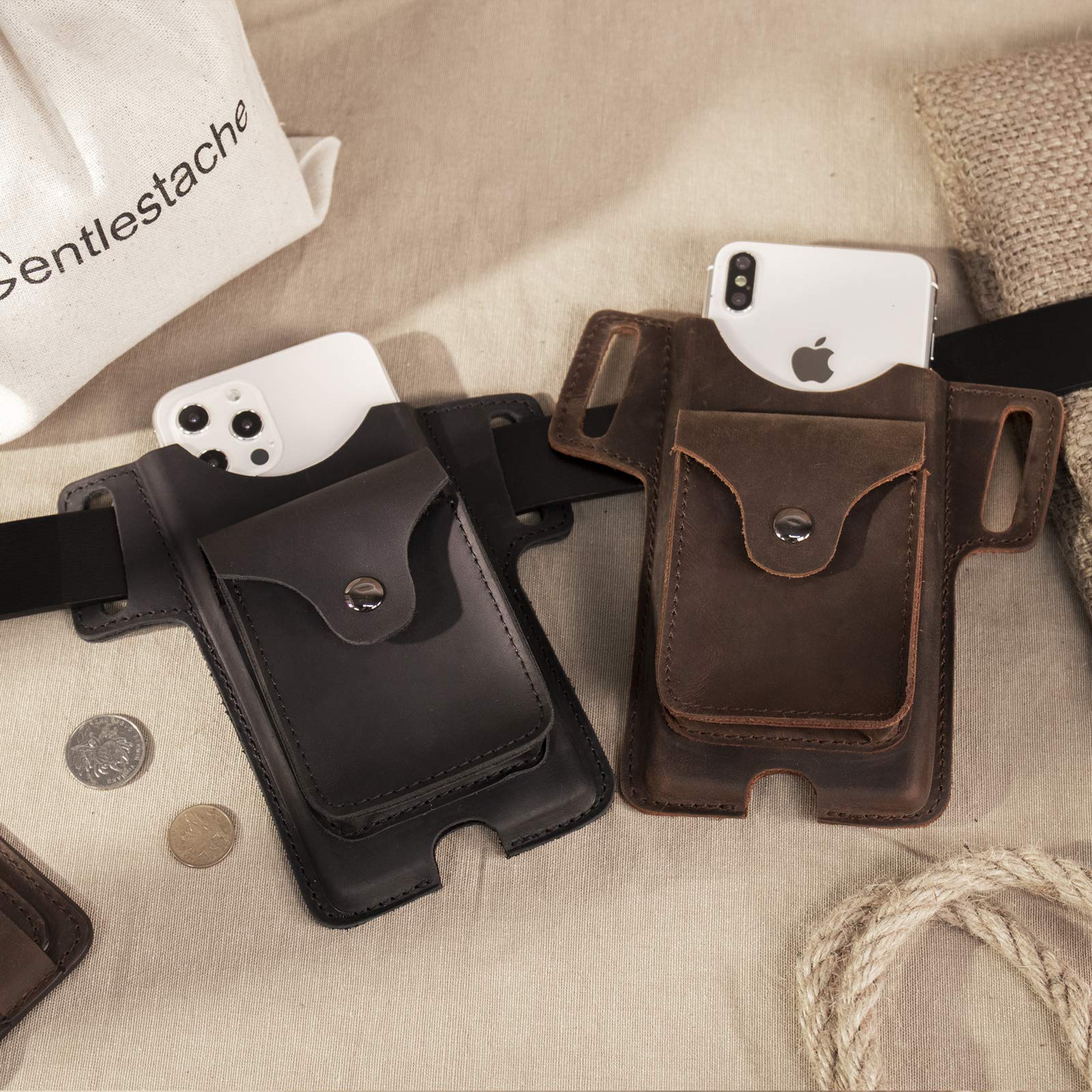 Gentlestache Leather Cell Phone Holster for Belt - Premium Leather Phone Case with Small Pocket - Perfect for Work, Travel & Outdoor Activities