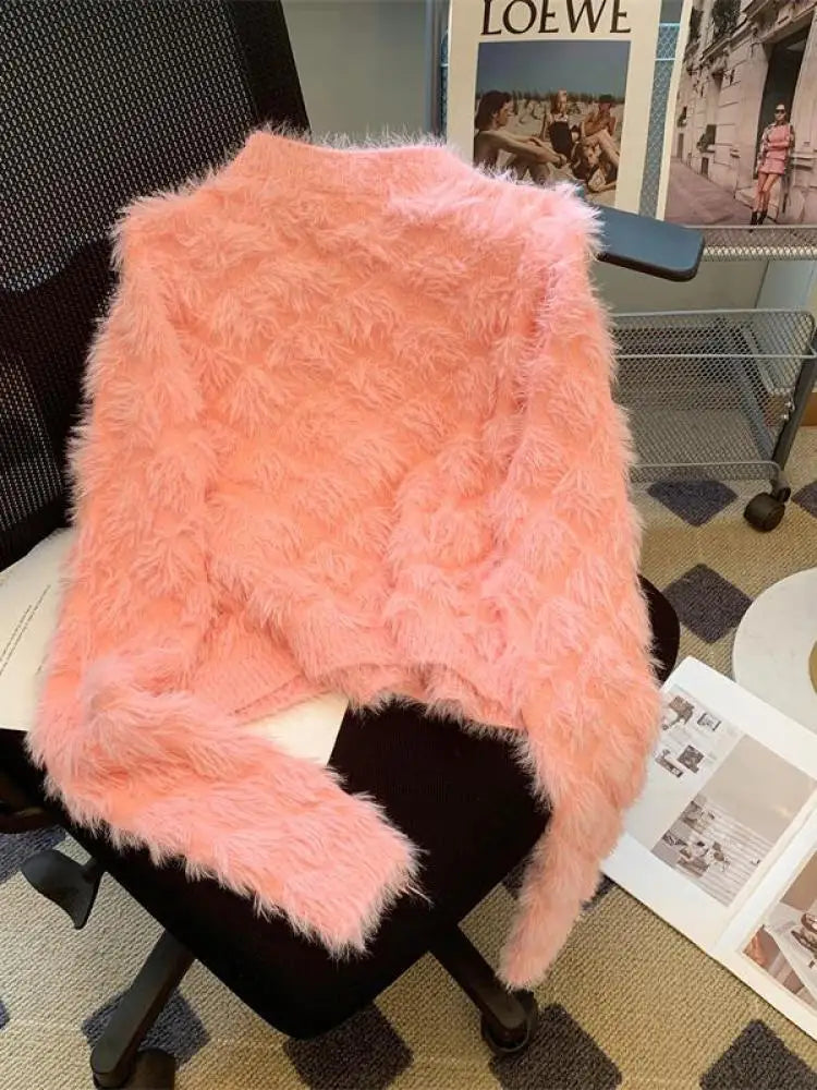Elegant Women's Pink V-Neck Mohair Knit Cardigan Sweater - French White Diamond Design, Long Sleeve Single Breasted Top for Autumn Winter | Perfect for Office Wear, Date Nights & Cozy Evenings
