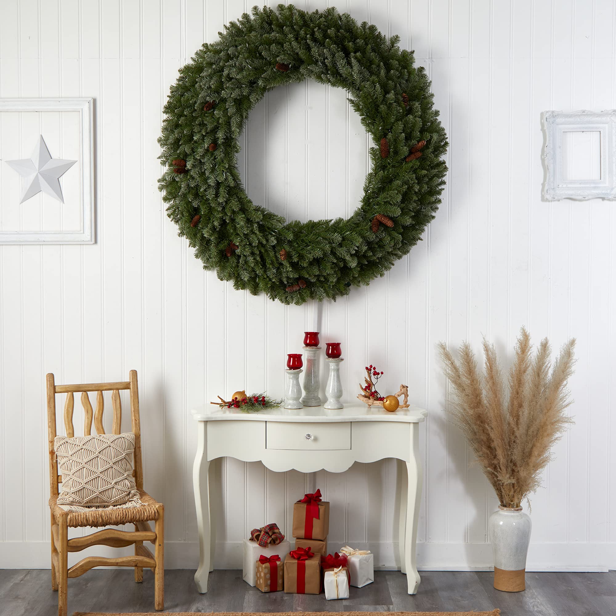 Nearly Natural 5ft Flocked Artificial Christmas Wreath with Pinecones, 300 Clear LED Lights & 680 Bendable Branches – Perfect for Holiday Door Decor, Fireplace Mantel & Festive Home Decoration