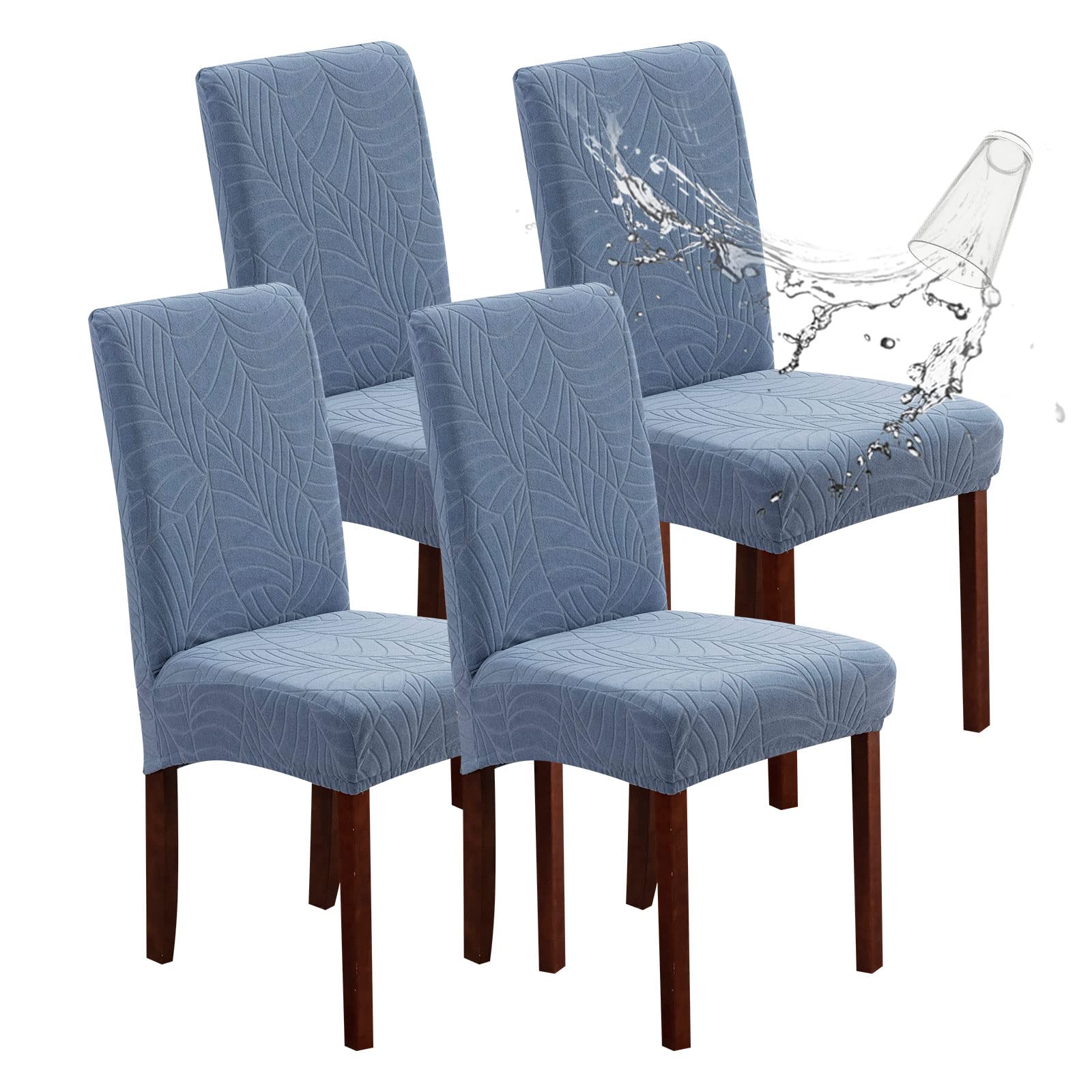 Waterproof Stretch Jacquard Dining Chair Covers - 4 Pack Removable Washable Slipcovers for Kitchen, Restaurant & Hotel Use (Leaves-Light Blue) | Perfect for Home Decor, Party Setup & Commercial Dining Spaces