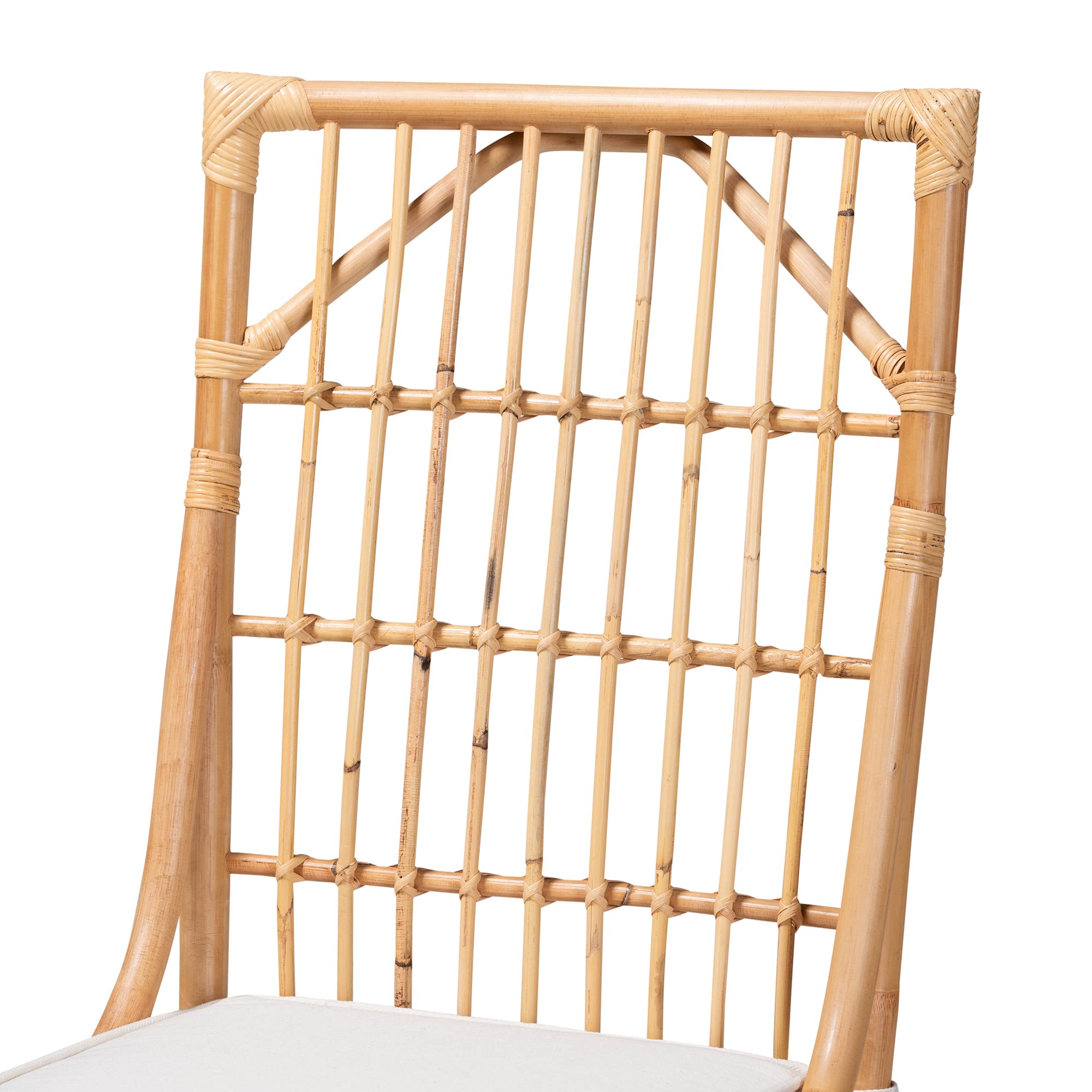 Baxton Studio Rose Dining Chair - White Fabric Upholstered with Natural Brown Rattan - Modern Farmhouse Dining Room Chair for Kitchen, Breakfast Nook, and Outdoor Patio