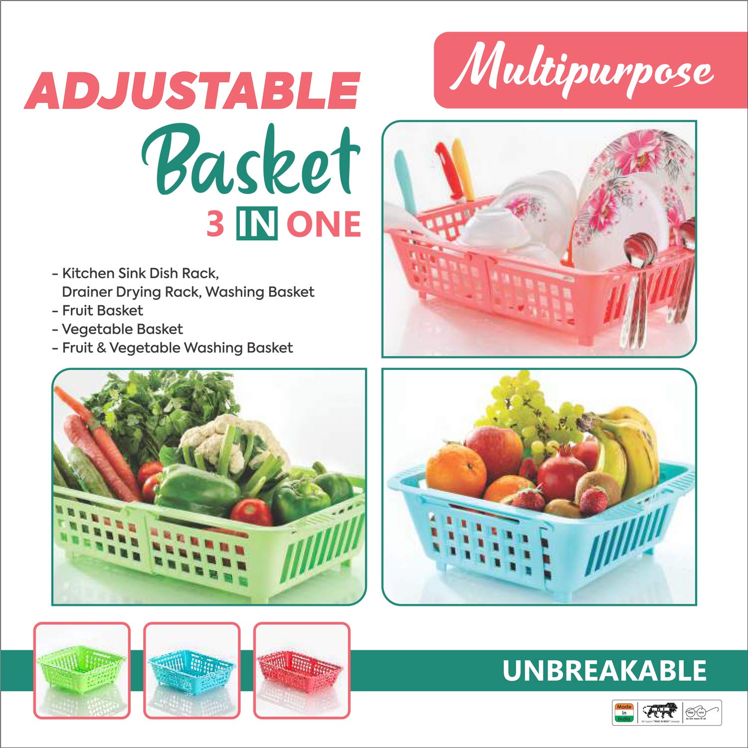 Primelife 3-in-1 Adjustable Kitchen Basket - Retractable Over The Sink Fruit & Vegetable Drainer Rack Tray - Space Saving Organizer for Small Kitchens - Perfect for Washing, Draining and Storing Produce - Blue