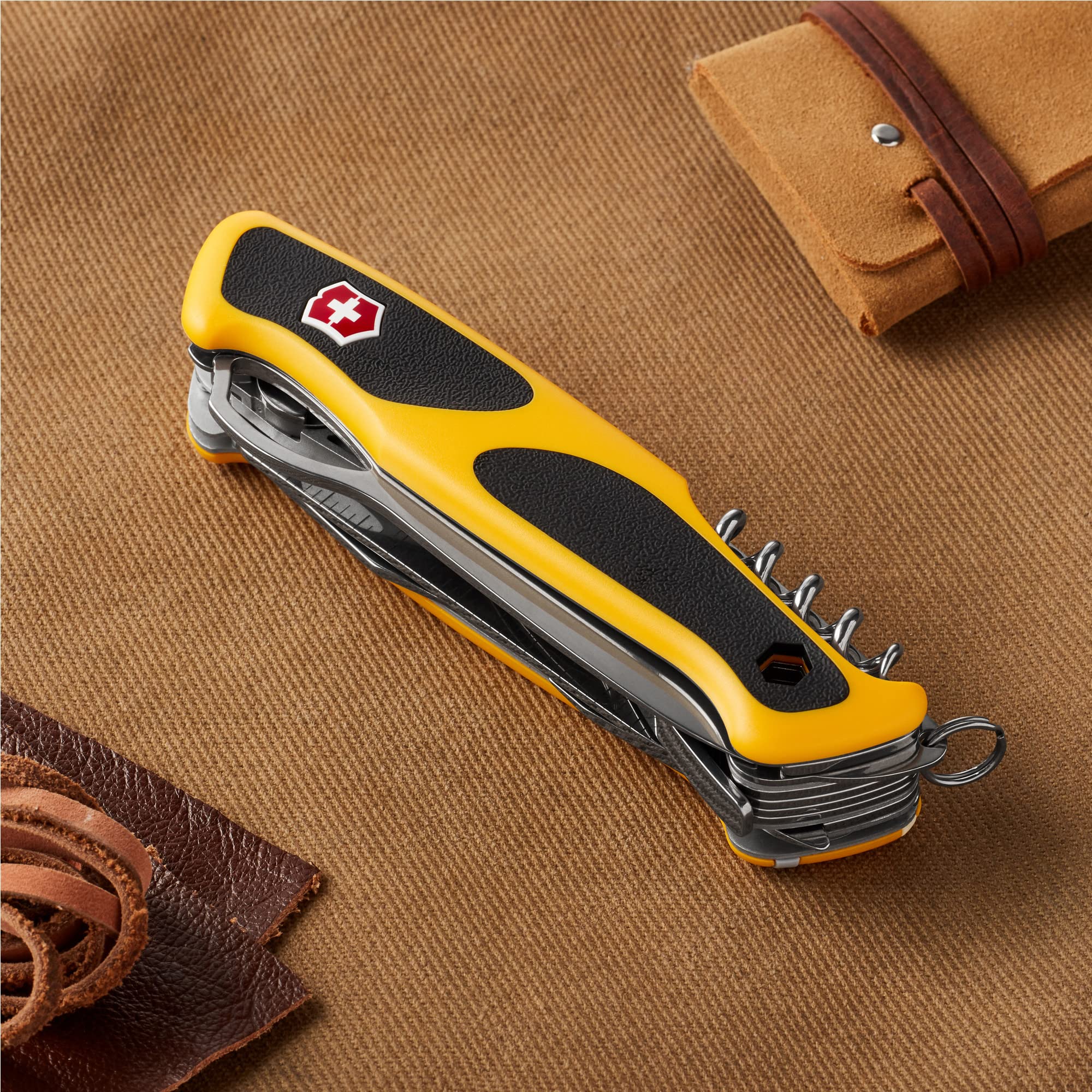 Victorinox Ranger Boatsman MW Grip Swiss Army Knife - 22-in-1 Multi-Tool Pocket Knife with Shackle Opener & Nylon Pouch (Yellow/Black) | Camping, Hiking, Fishing & Outdoor Survival Gear