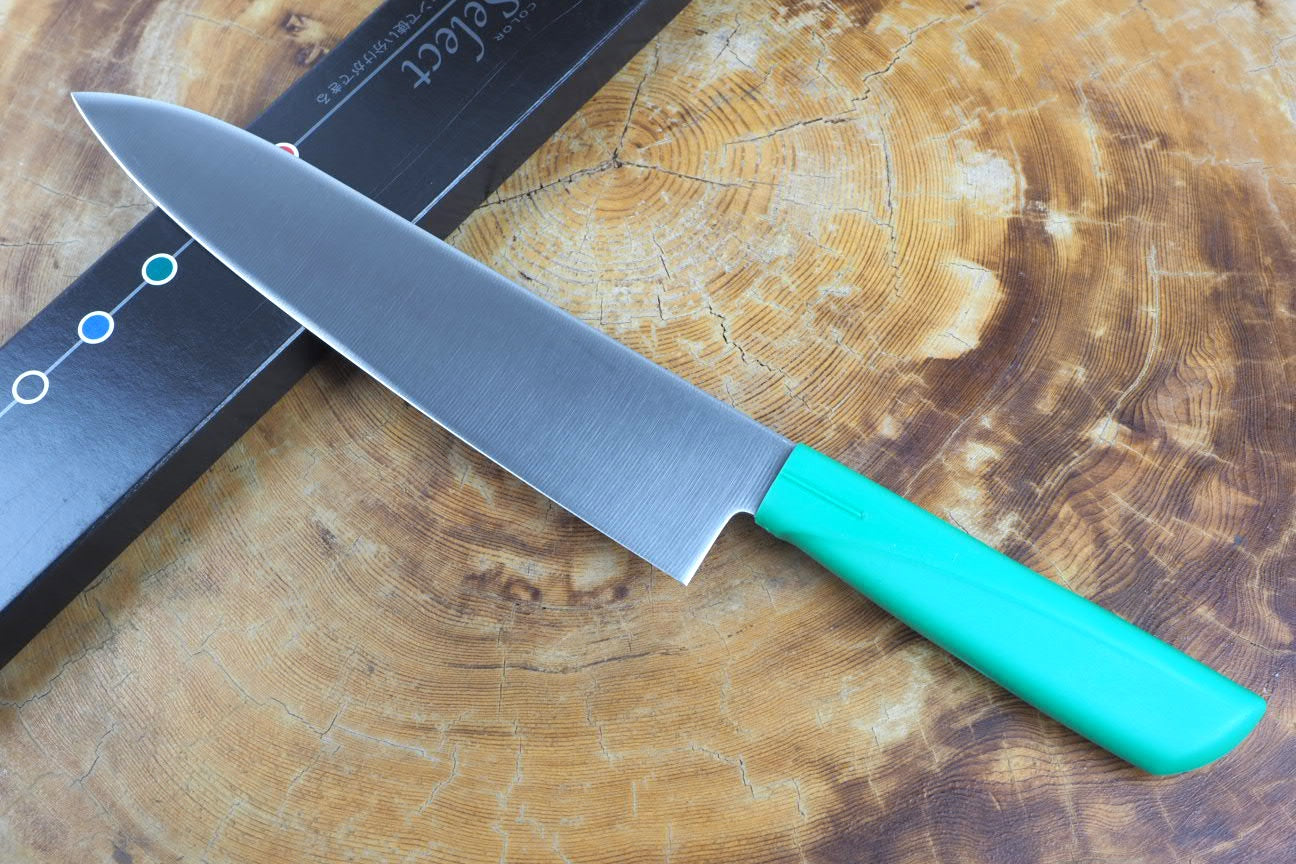 Seki Kanetsugu Colour Select Gyuto Chef's Knife 21cm - Professional Japanese Kitchen Knife with Ergonomic Handle (Red/Blue/Green) - Perfect for Sushi, Meat Cutting & Vegetable Prep
