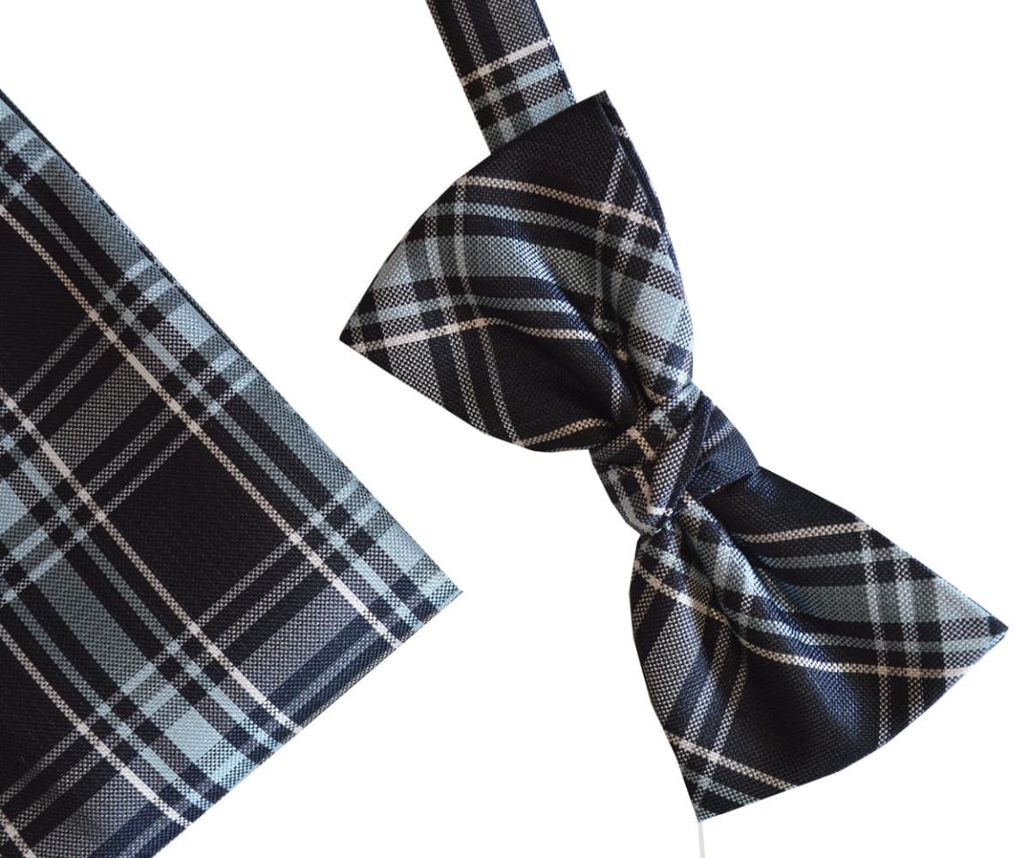 L.A. Smith Premium Polyester Navy Check Bow Tie & Pocket Square Set - Perfect for Weddings, Prom & Formal Events