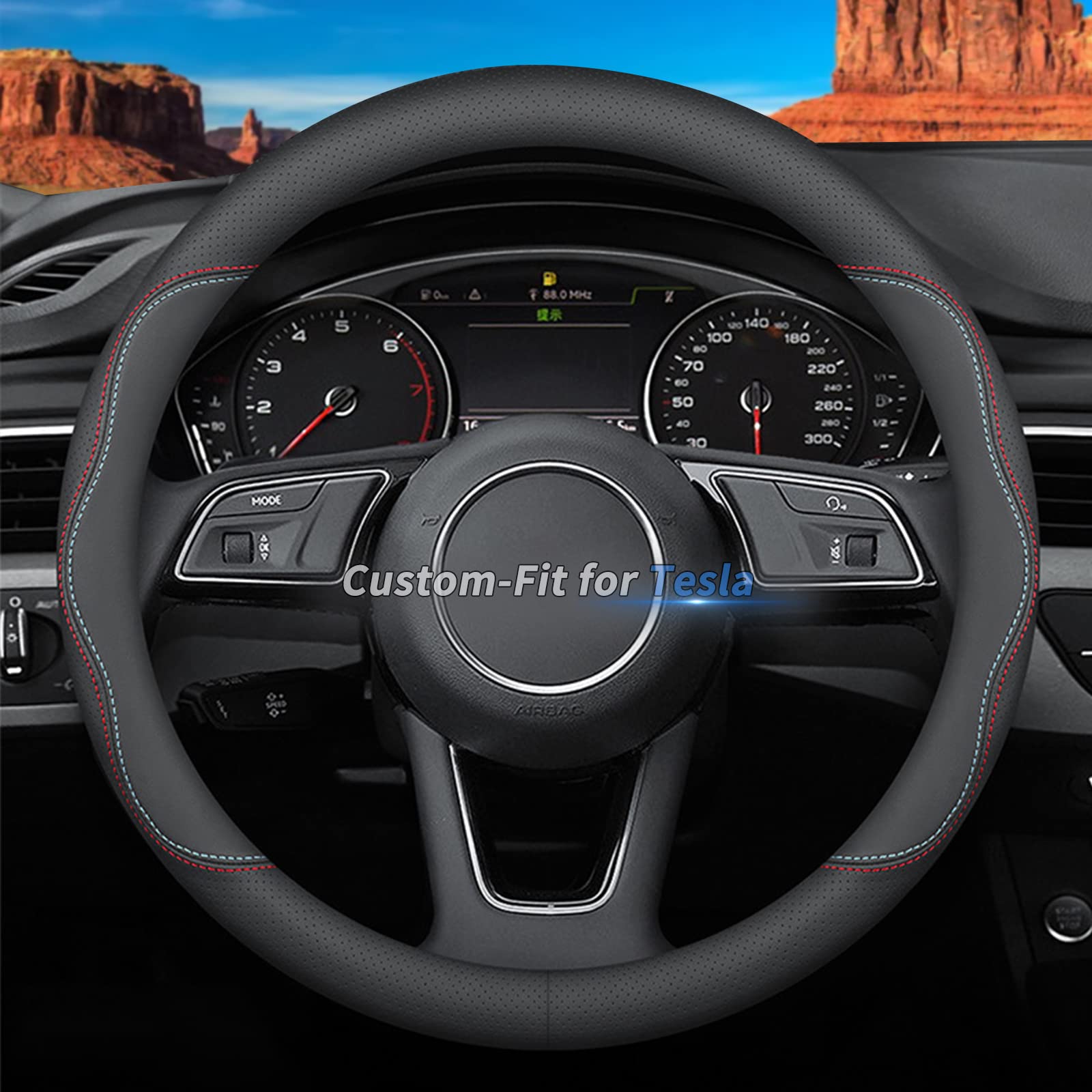 Premium Leather Tesla Steering Wheel Cover - Custom Fit, Non-Slip & Breathable with Logo - Perfect for Model 3/Y/S/X Accessories - Enhances Driving Comfort & Style
