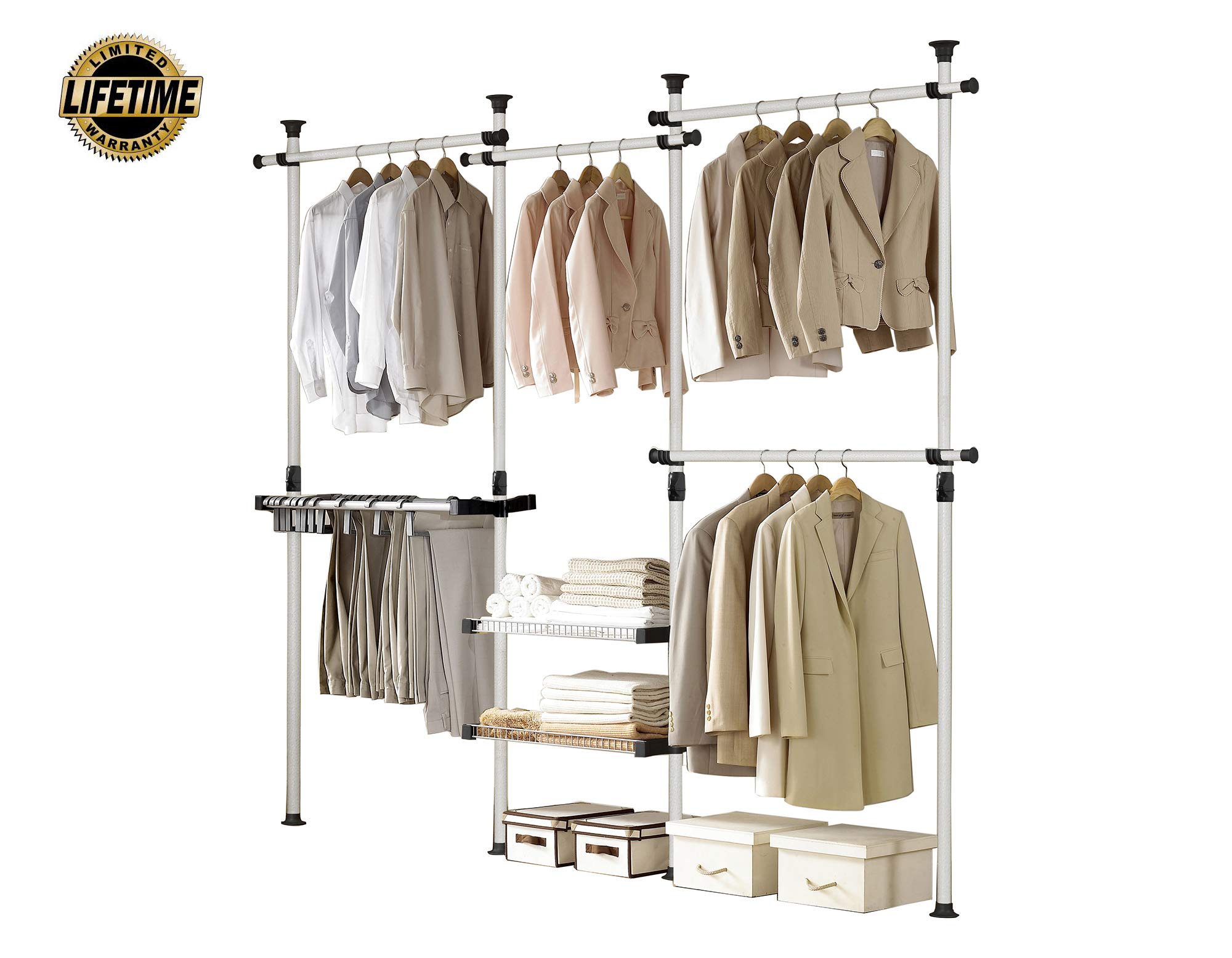 Heavy Duty Prince Hanger Deluxe Pants & Shelf Hanger - 880LBS Capacity, One-Touch Load, Adjustable Height Metal Clothing Rack for Wardrobe, Closet & Garment Organization - Freestanding Ivory Tension Rod (PHUS-0052) - Perfect for Bedroom Storage, Laundry Room, Retail Stores & Commercial Use