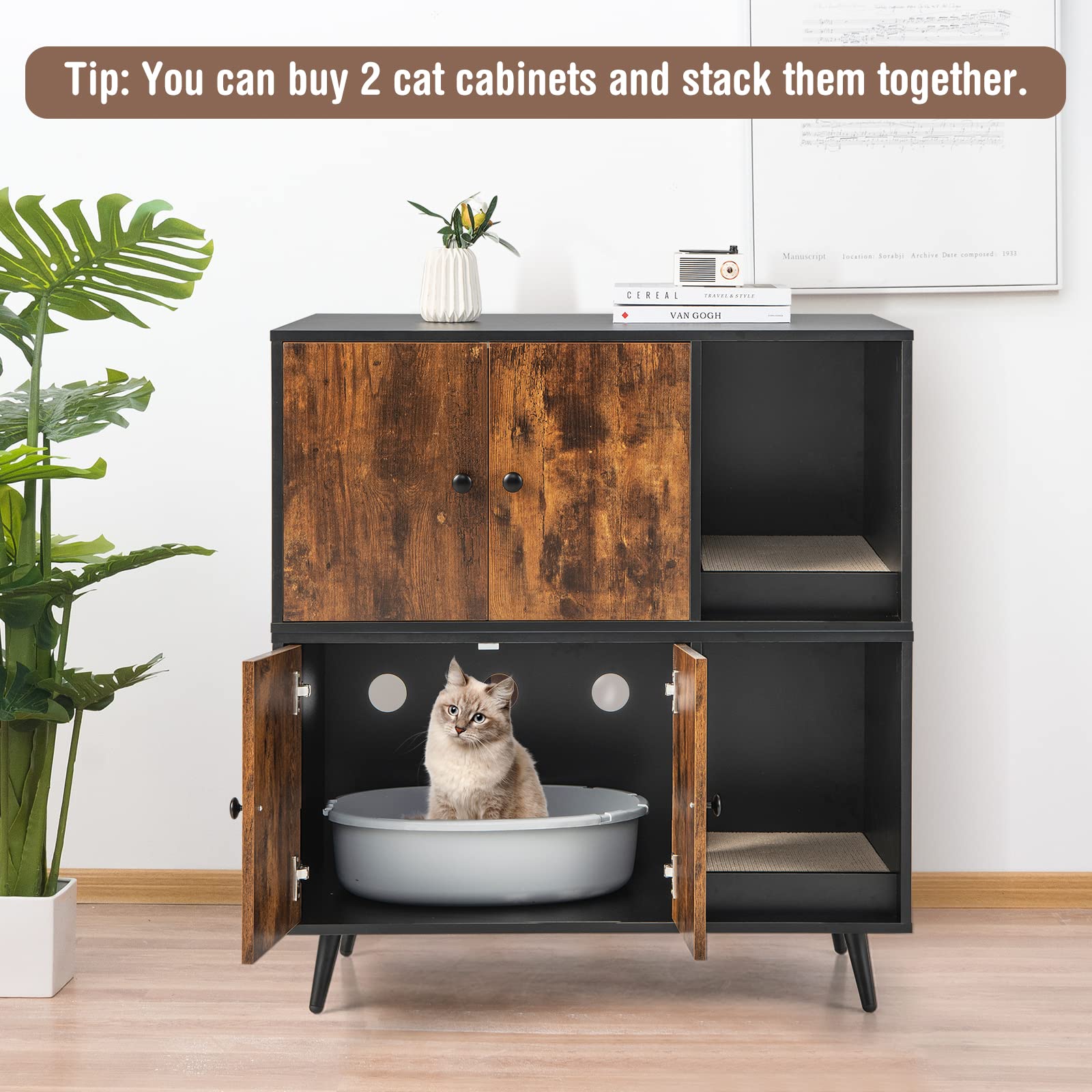 Tangkula Enclosed Cat Litter Box Furniture with Divider, Scratching Pad & Metal Legs - Hidden Litter Box Cabinet with Double Doors for Large Cats (Rustic Brown) | Perfect for Living Rooms, Bedrooms & Small Spaces