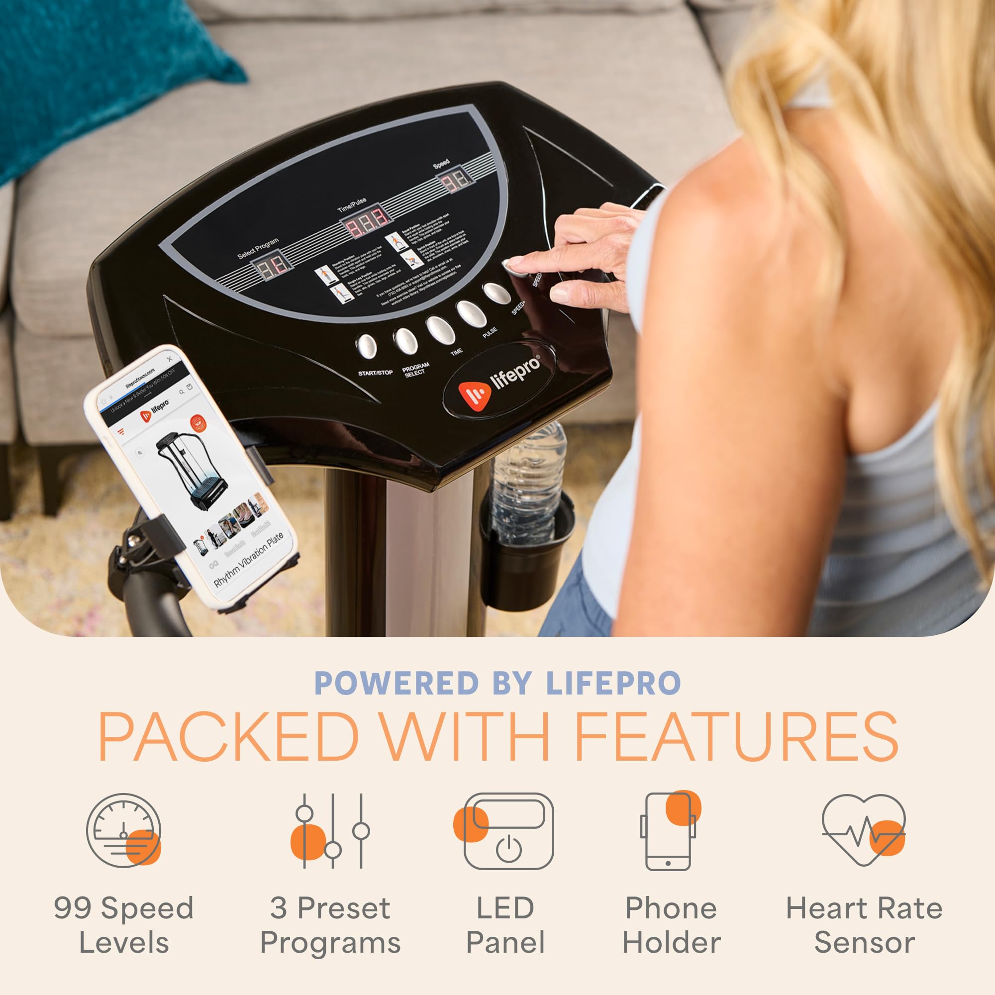 LifePro Rhythm Vibration Plate Exercise Machine with Handles - Whole Body Vibration Platform for Weight Loss, Muscle Tone & Circulation - 99 Speed Levels with Heart Rate Monitor & Phone Holder - Perfect for Home Gym, Physical Therapy & Post-Workout Recovery