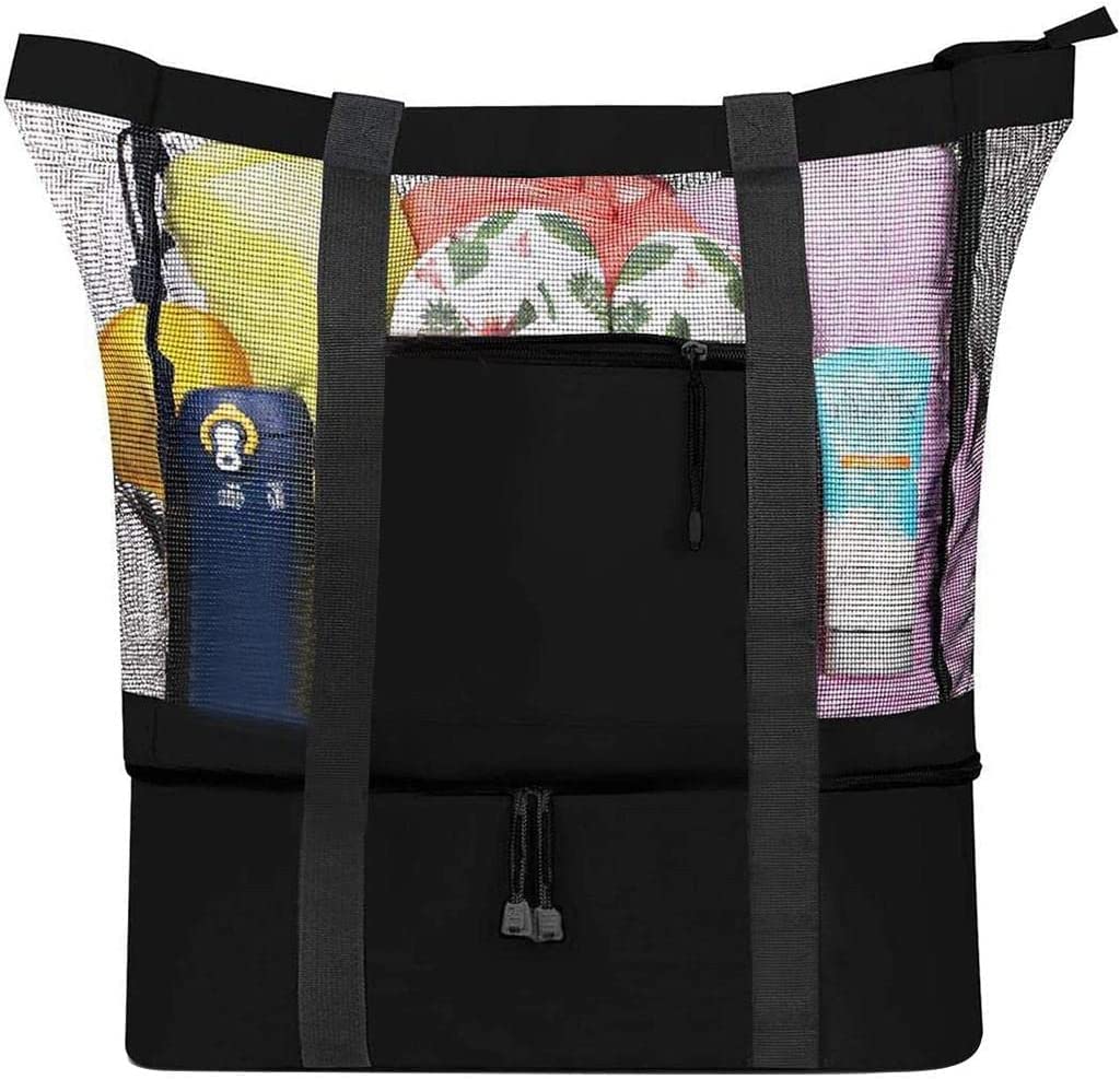 MOQLOM 2 in 1 Picnic Bag with Detachable Cooler - Large Insulated Beach Bag for Outdoor Camping, Travel & Picnics - Double Layer Mesh Design Keeps Food Fresh - Perfect for Beach Days, BBQs & Family Outings (Black)