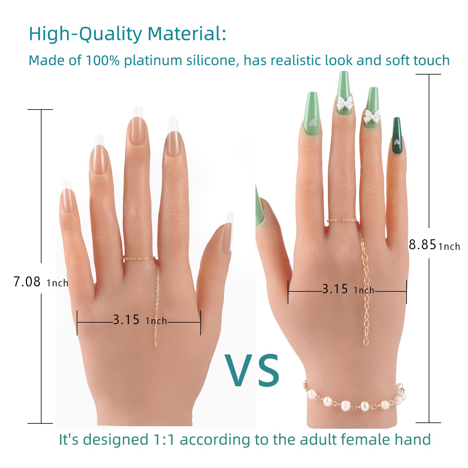 Professional Acrylic Nail Practice Hand - Realistic 22cm Flexible Silicone Mannequin Hand with 528PCS Nails for Nail Art Training, Jewelry Display & Ring Photography (Right Hand, Bronze) - Perfect for Salon Students, DIY Enthusiasts & Jewelry Sellers