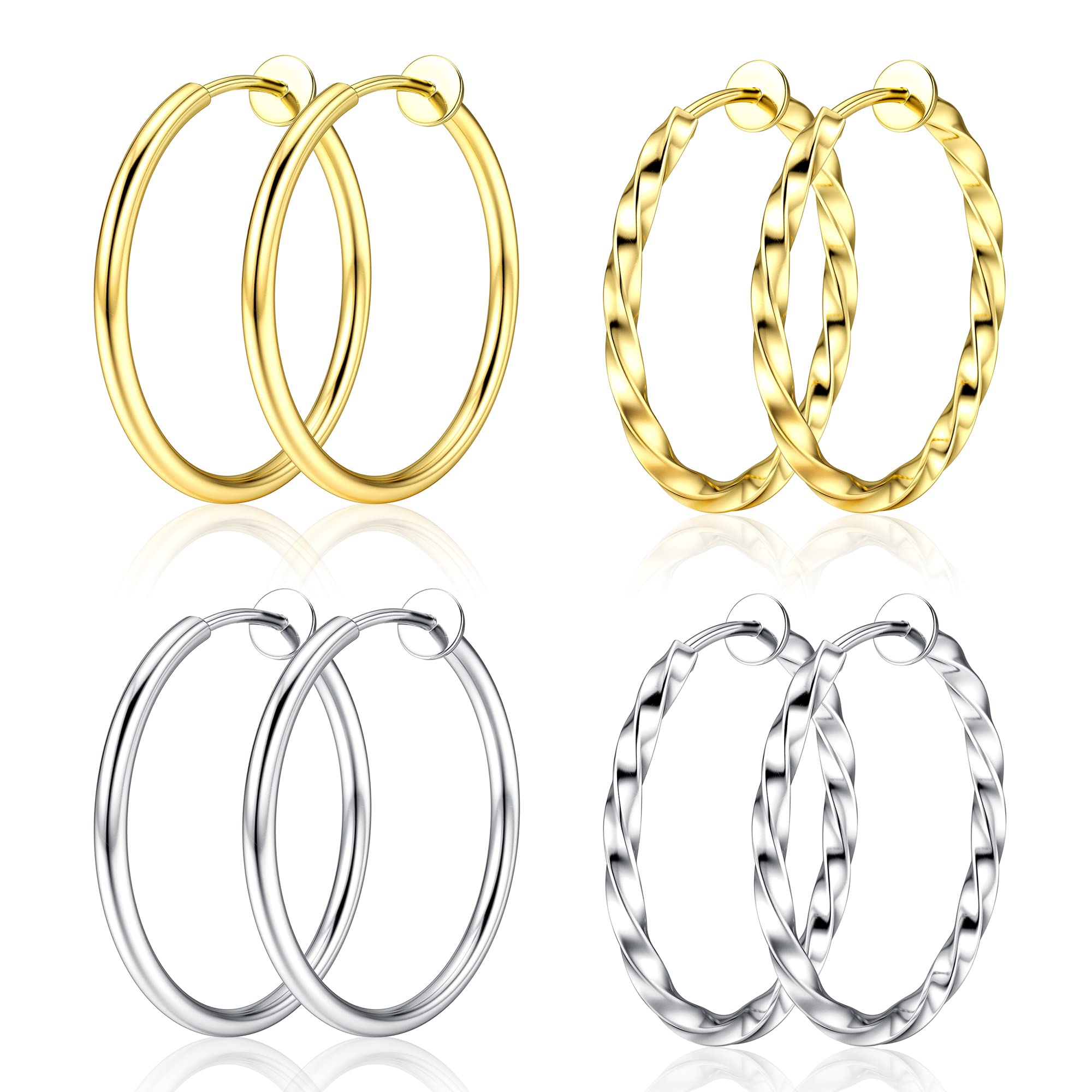 8Pcs Clip On Hoop Earrings for Women - Stainless Steel Non Piercing Earrings, Silver & Gold Hypoallergenic Twisted Hoops - Lightweight Fashion Jewelry for Non Pierced Ears - Perfect for Parties, Weddings & Everyday Wear