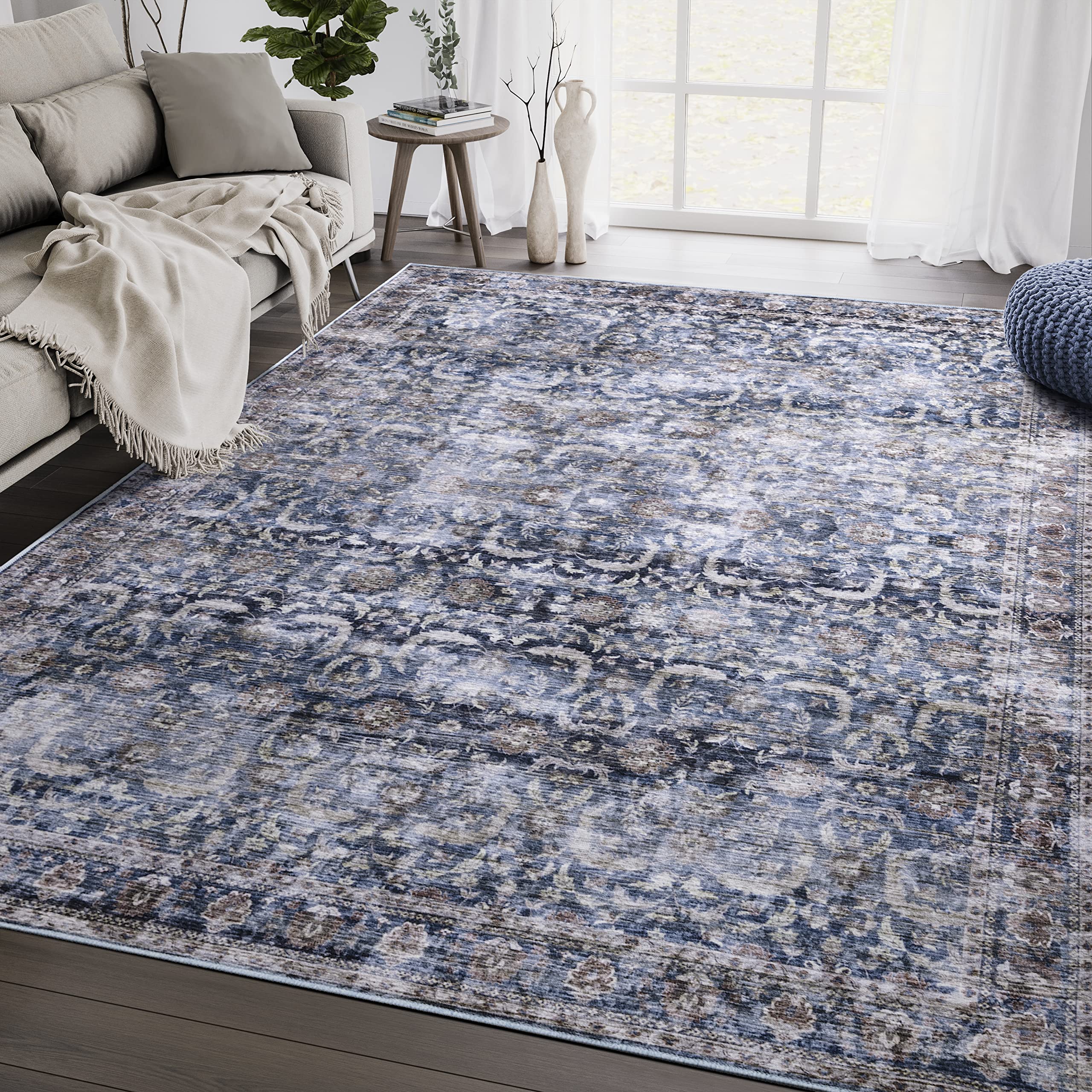 Vintage 5' x 8' Rectangular Area Rugs - Blue Brown Polypropylene Non-Shedding Stain Resistant Machine Washable Large Rug for Living Room Bedroom Home Decor