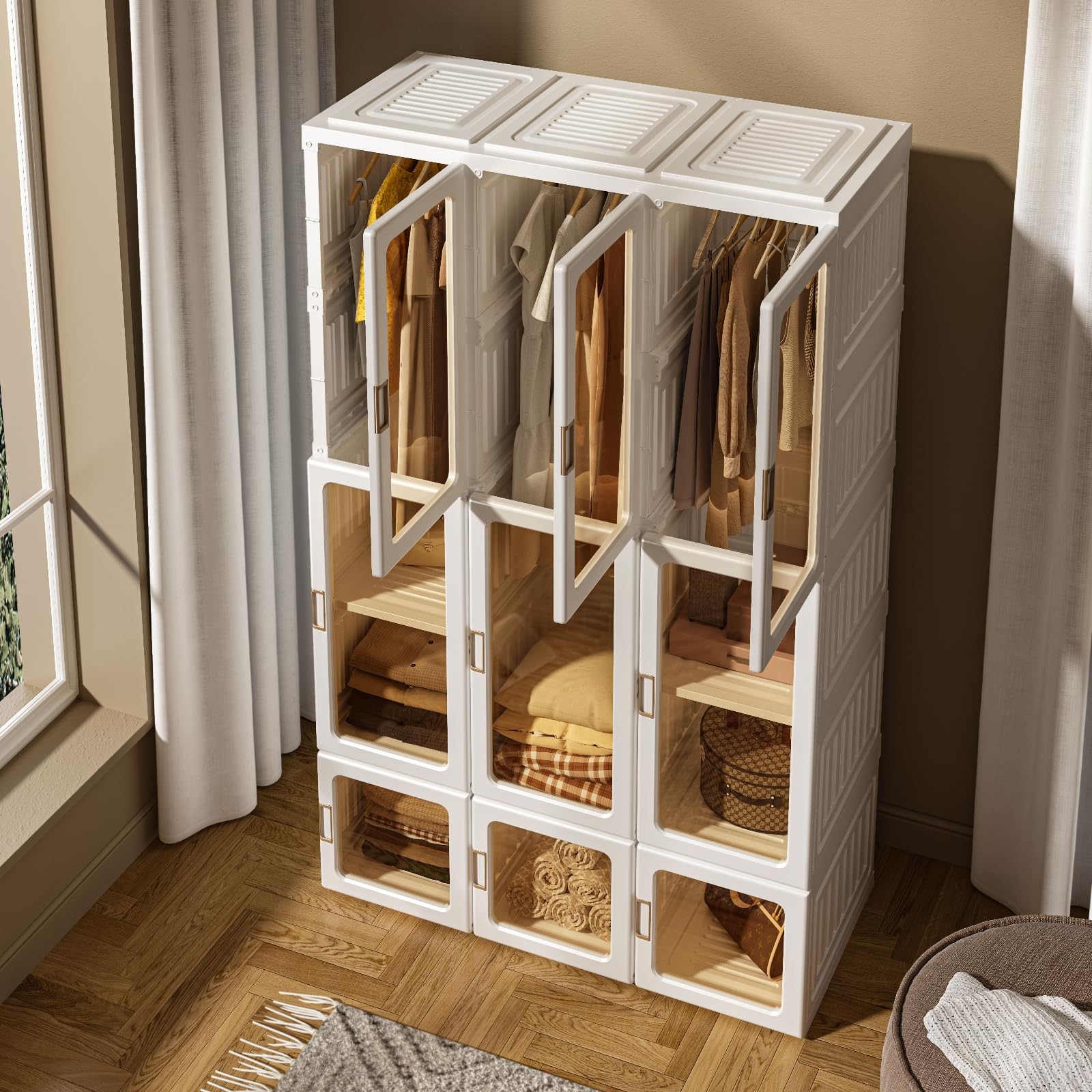 Portable Wardrobe Closet Organizer with Transparent Door Panels & Magnetic Closure - Easy Assembly Plastic Clothes Storage for Bedroom, Living Room, Dorm | Perfect for Seasonal Clothes Storage, Guest Room Organization & Small Space Solution (3 Hanging Rods)