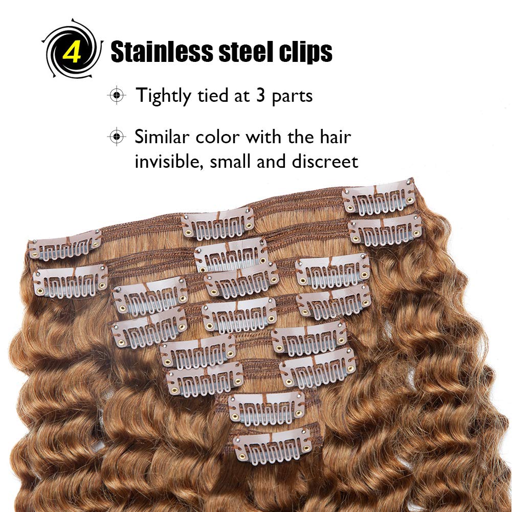 Benehair 22inch 120g Kinky Curly Clip-in Hair Extensions - 100% Human Hair for Black Women | Afro 3B/3C Natural Hair | Double Weft Thick Coil Brazilian Hair in Light Auburn (8pcs/18 Clips) - Perfect for Parties, Weddings & Daily Styling