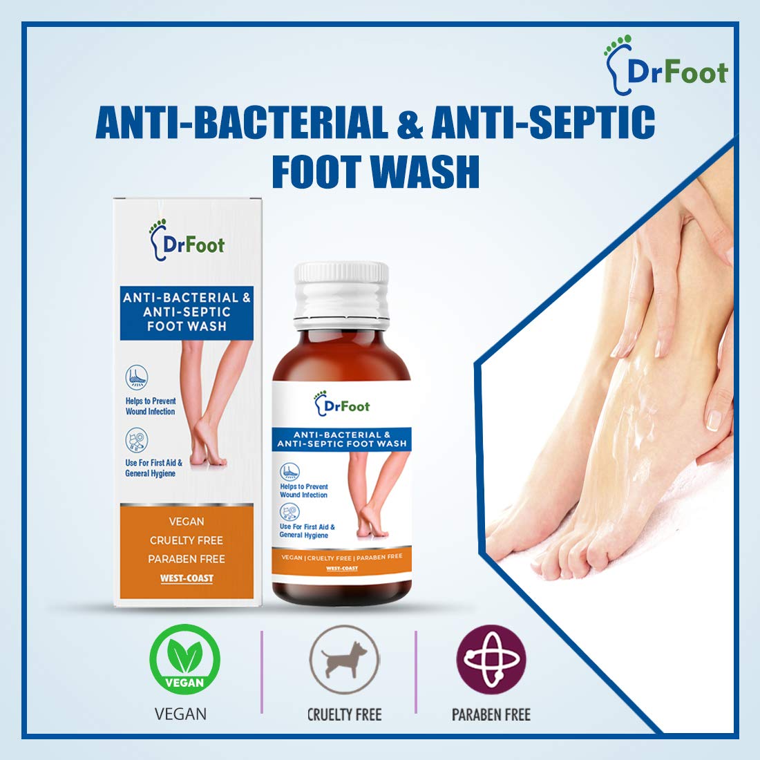 Dr. Foot Antiseptic Antibacterial Foot Wash for Athlete's Foot & Odor - 100ml Medicated Foot Care Solution for Gym, Sports & Daily Use