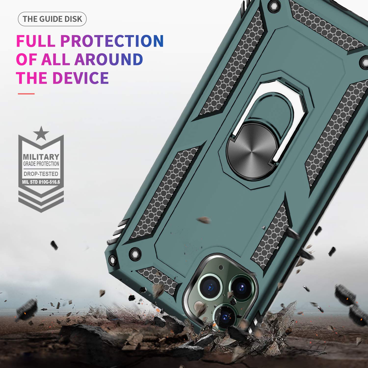 Military-Grade Shockproof iPhone 11 Pro Max Case with Tempered Glass Screen Protector [2 Pack] - Green Heavy Duty Phone Cover with Ring Kickstand for Apple iPhone 11 Pro Max 6.5 Inch | Perfect for Outdoor Activities, Work & Travel Protection