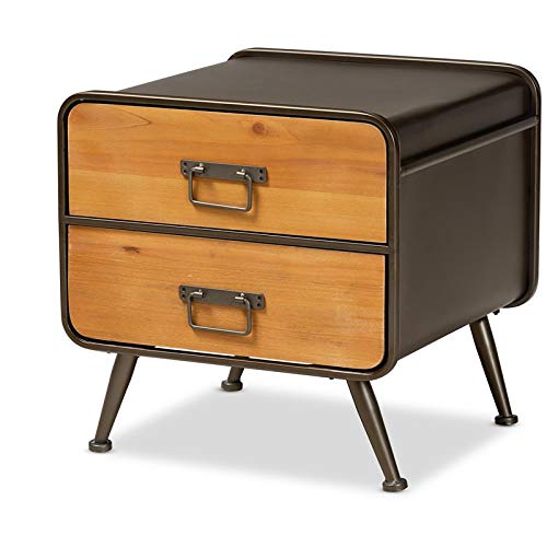 BOWERY HILL Brown Wood and Black Metal 2-Drawer Nightstand - Modern Bedside Table with Storage for Bedroom, Living Room & Guest Room - Compact Nightstand with Drawers for Home Decor