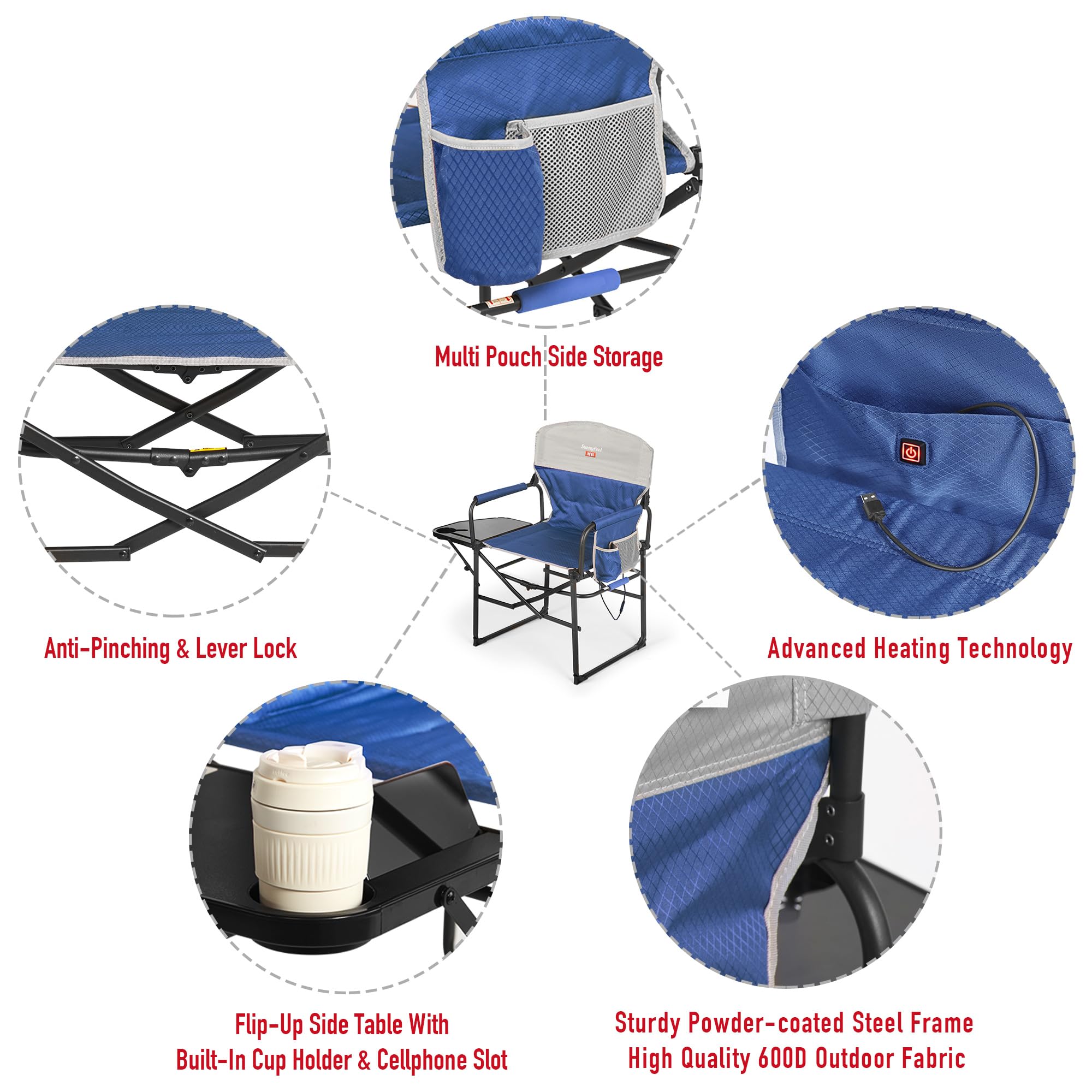 **SUNNYFEEL Heavy Duty Oversized Heated Camping Director's Chair with Side Table & Pocket - Portable Folding Chair for Beach, Fishing, Picnic, Lawn, Concert & Outdoor Adventures - Perfect for Camping, Tailgating & Backyard Relaxation**