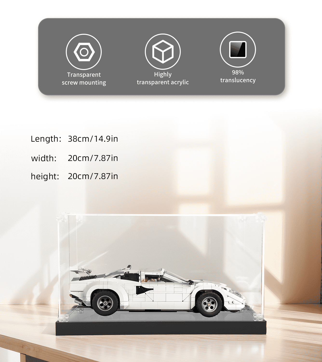 LEGO Lamborghini Countach 5000 Quattrovalvole 10337 Display Case - Clear Protective Showcase for LEGO Technic Car Model - Perfect for Home Decoration, Office Display & Collector's Showcase