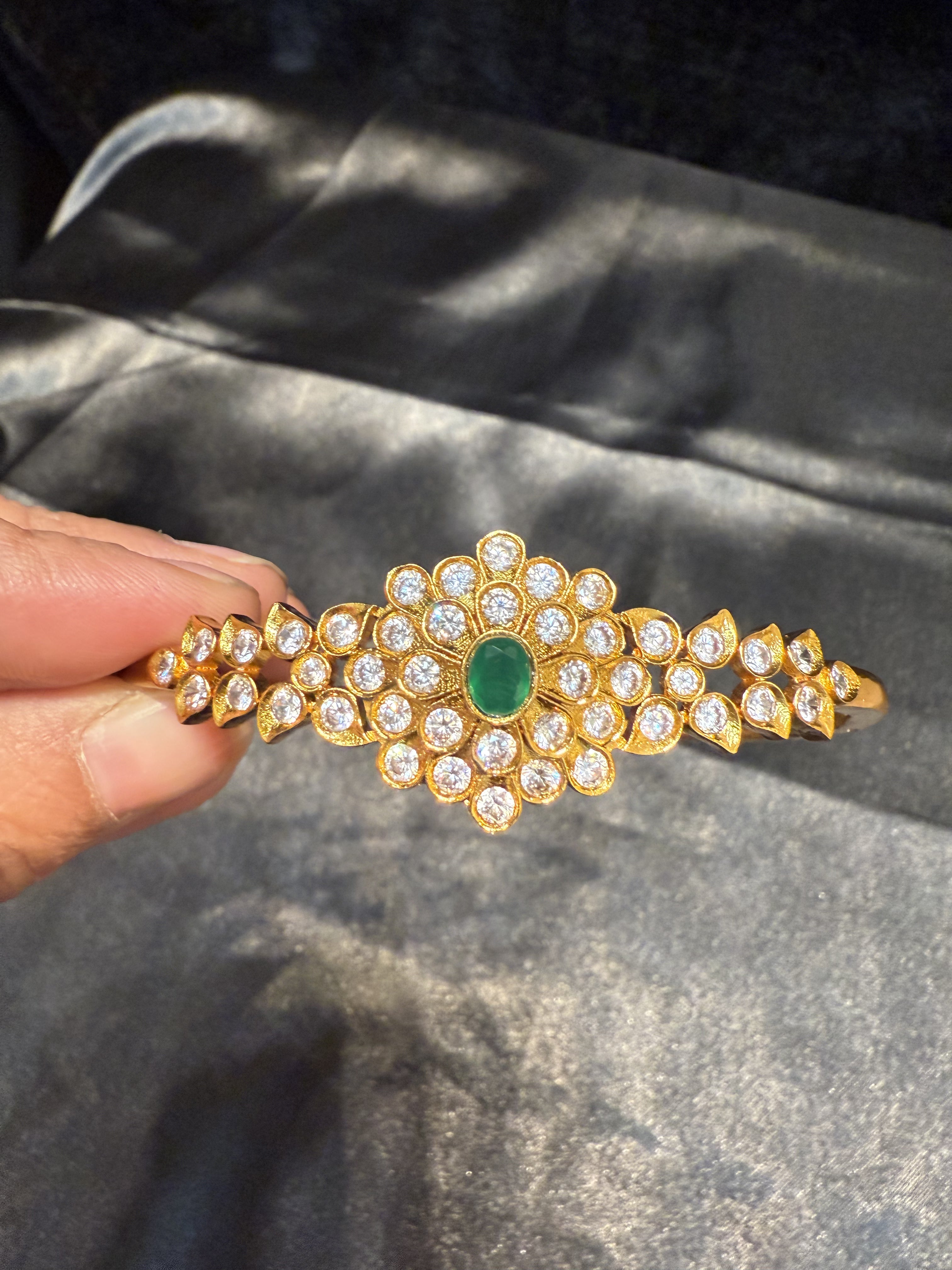 Elegant Gold Plated Bracelet with Green & White Stones & Floral Design - Perfect for Weddings, Parties & Special Occasions