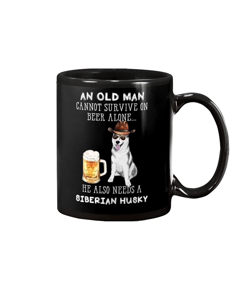 Funny Siberian Husky Coffee Mug - 11oz & 15oz Ceramic Cup for Coffee, Tea, Hot Cocoa - 'An Old Man Can't Survive on Beer Alone' Novelty Gift for Dog Lovers - Perfect for Home, Office & Gifts