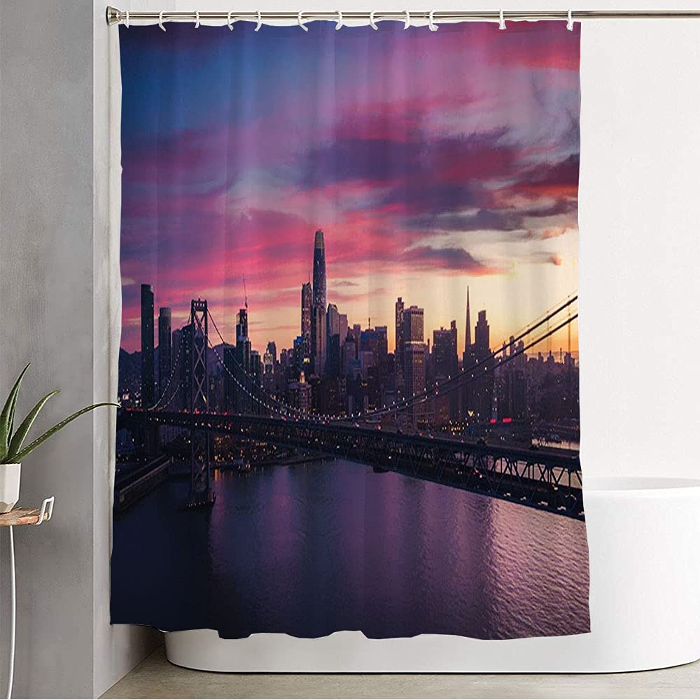 Waterproof USA Cityscape Shower Curtain - 72x72 Inch San Francisco Bay Aerial View with Evening Clouds, Decorative Bathroom Accessory for Travel Lovers & Home Decor