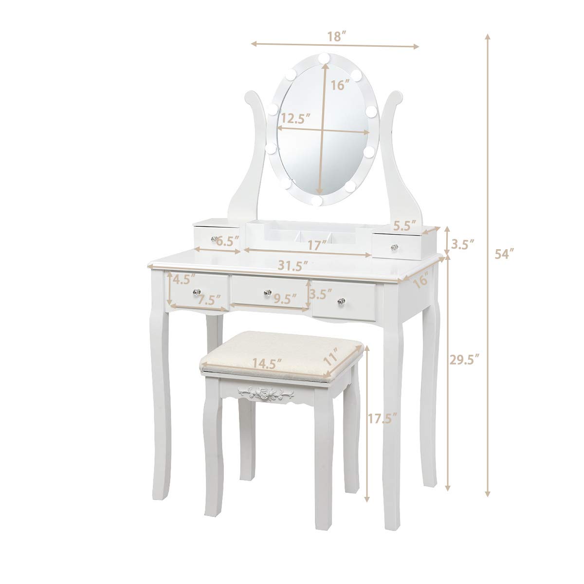 Charmaid White Makeup Vanity Table with LED Lighted Mirror - 10 Adjustable Brightness Lights, 5 Drawers & Removable Organizer, Dressing Desk with Stool for Bedroom, Bathroom & Beauty Salon