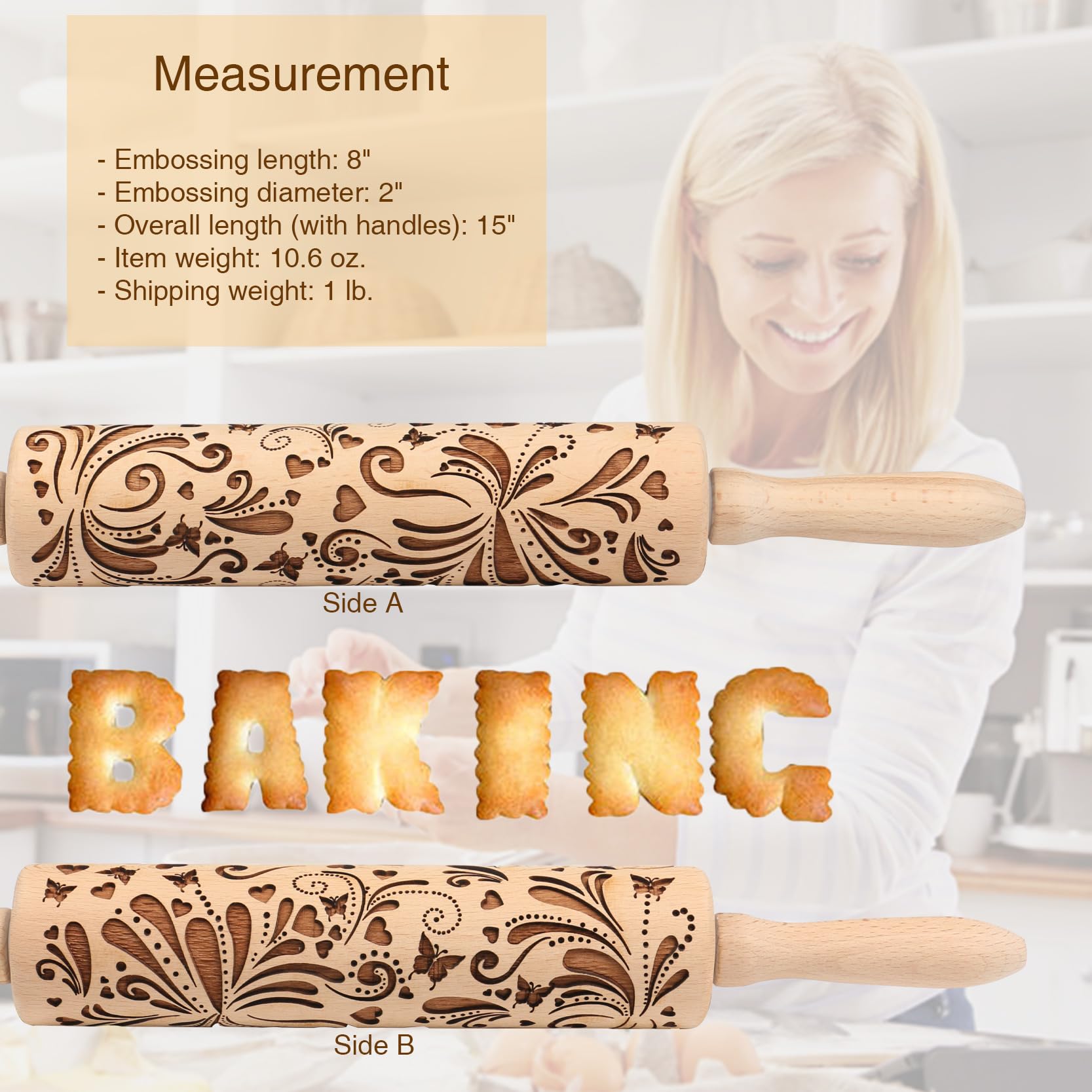 Wooden Embossed Rolling Pin for Baking Cookies - Floral Butterfly Flower Design - Perfect for Springerle, Dough, Clay Pottery & Christmas Cookies - Ideal for Home Bakers & Ceramic Artists