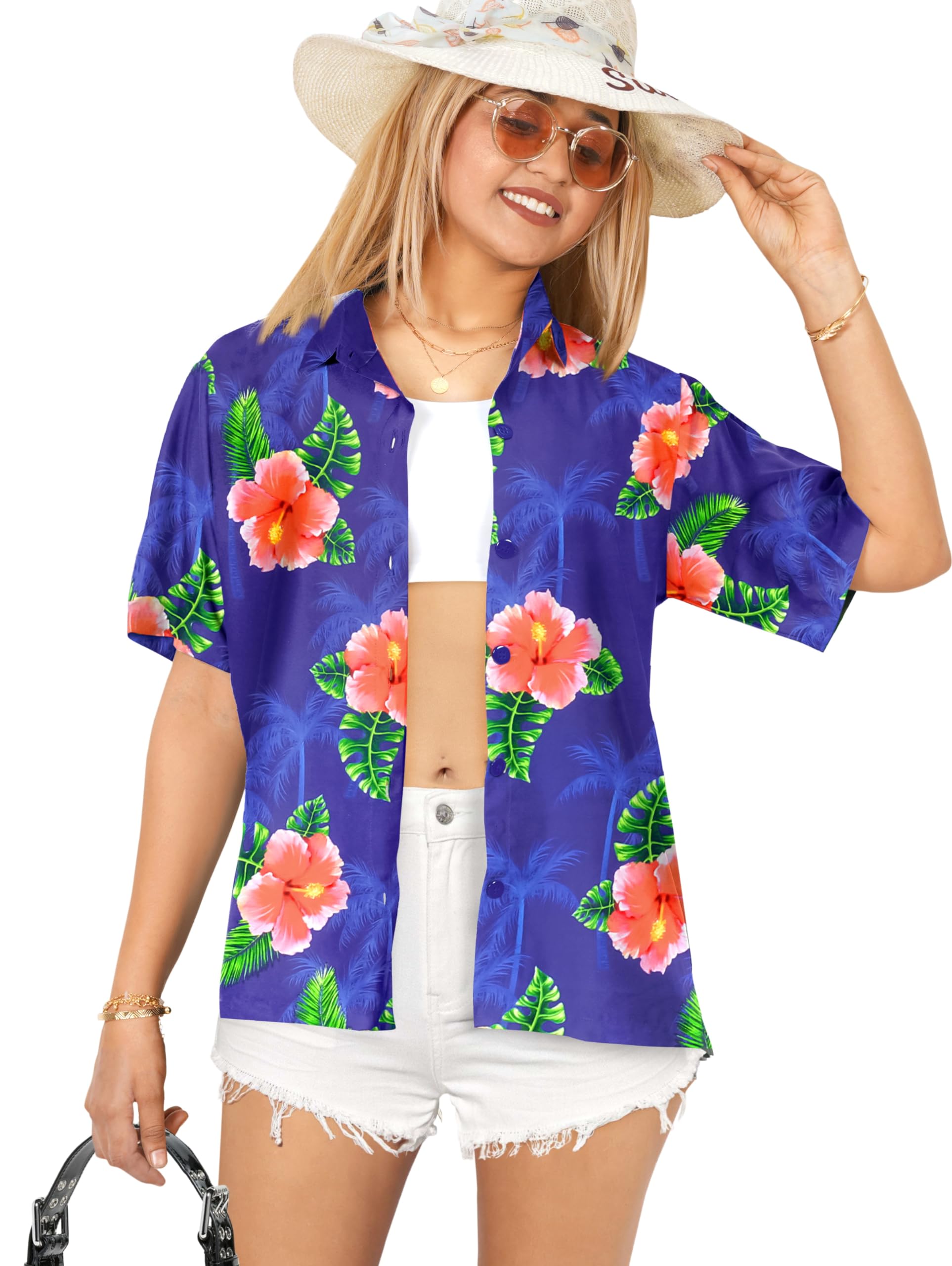 Happy Bay Women's Hawaiian Short Sleeve Beach Blouse Shirt - Floral Print Vacation Top for Summer, Pool Party & Tropical Getaways