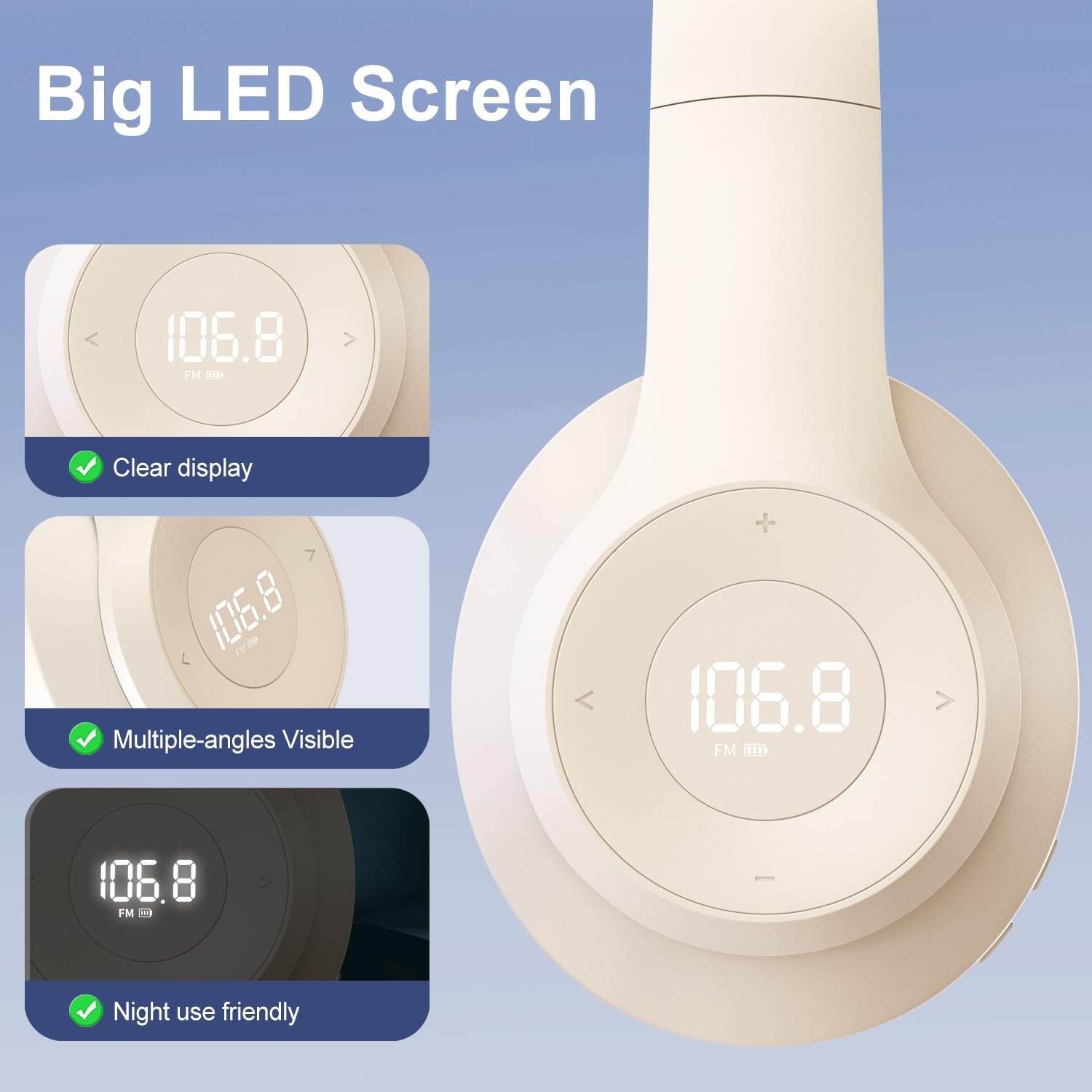 X5 Rechargeable FM Radio Headphones - Portable Wireless Headset with LED Display, Soft Ear Cushions & Strong Reception - Ideal for Meetings, Work, Hiking, Jogging & Outdoor Activities (Beige)