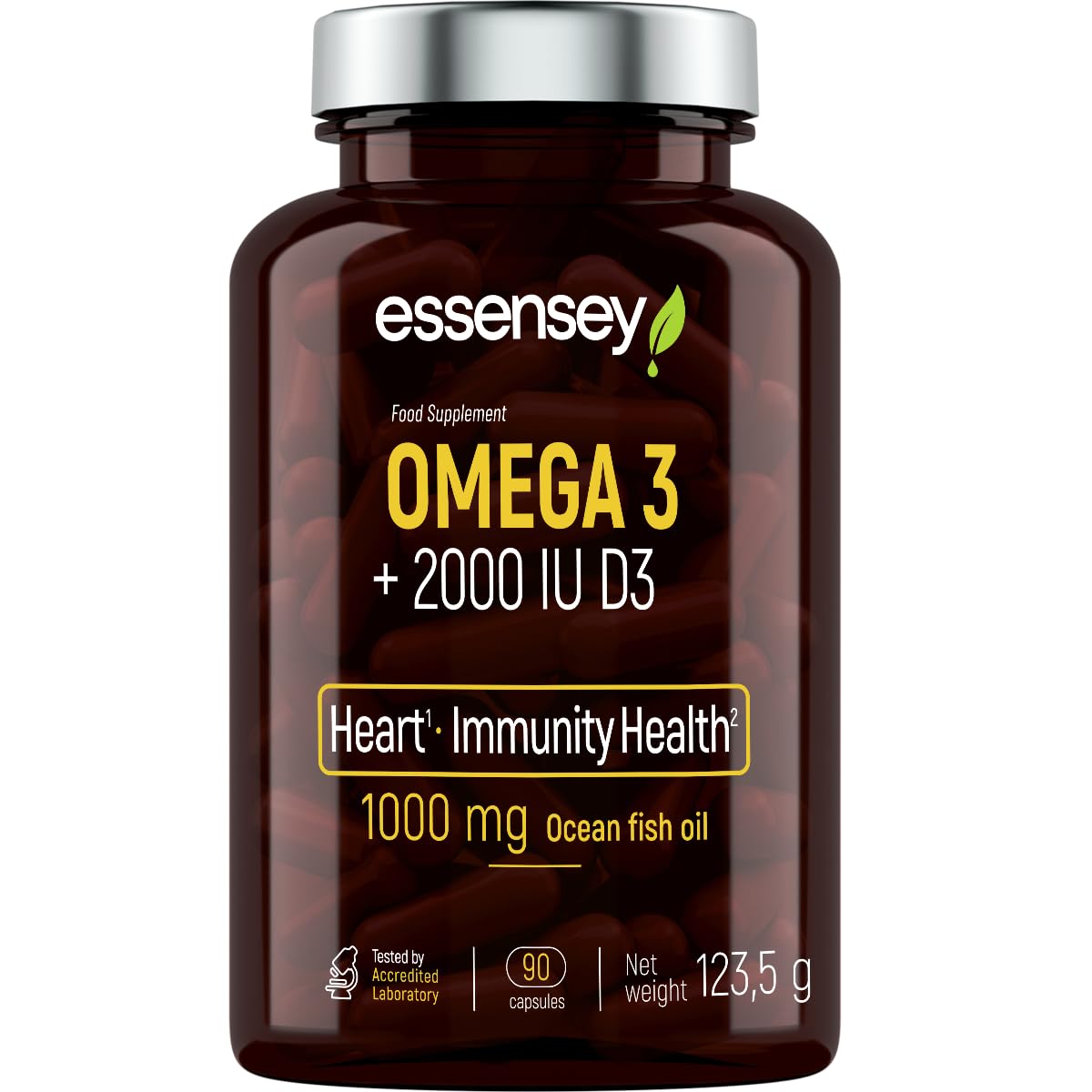 Essensey Omega 3 Fish Oil with 2000IU Vitamin D3 - 90 Softgel Capsules for Heart, Brain & Immune Health - Supports Joint Function & Bone Strength