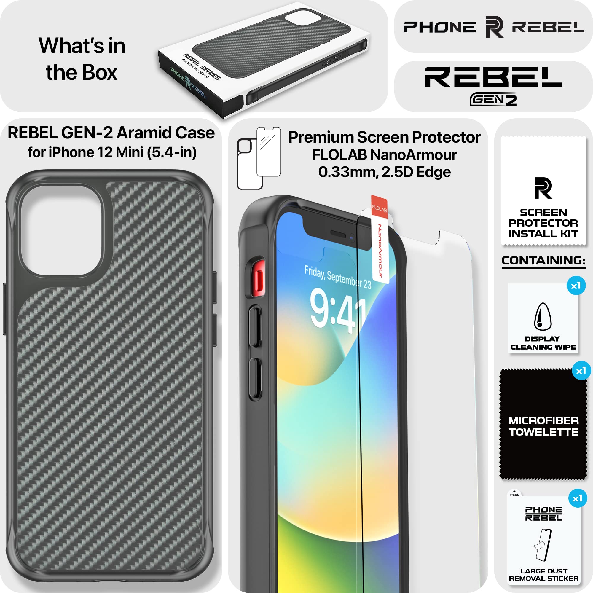 Premium Aramid Fiber Phone REBEL iPhone 12 Mini Case [Rebel Series Gen-2] - MagSafe Compatible, Shockproof Corners, Slim Grip Cover for 5.4