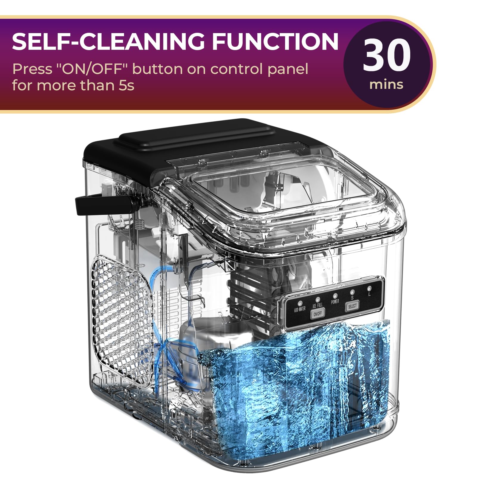 R.W.FLAME Portable Countertop Ice Maker Machine - 9 Bullet Ice Cubes in 6 Minutes, 26.5lbs/24Hrs, Self-Cleaning with Ice Basket & Scoop - Perfect for Home, Office, Kitchen, Bar, Party & Outdoor Use - Black