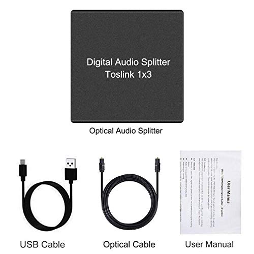 3 Port Toslink Splitter - 1 Input 3 Output Digital Optical Audio Splitter with LPCM 2.0, DTS & Dolby Digital Support - Compatible with PS4, DVD, HDTV, Blu-Ray for Home Theater & Gaming Setup