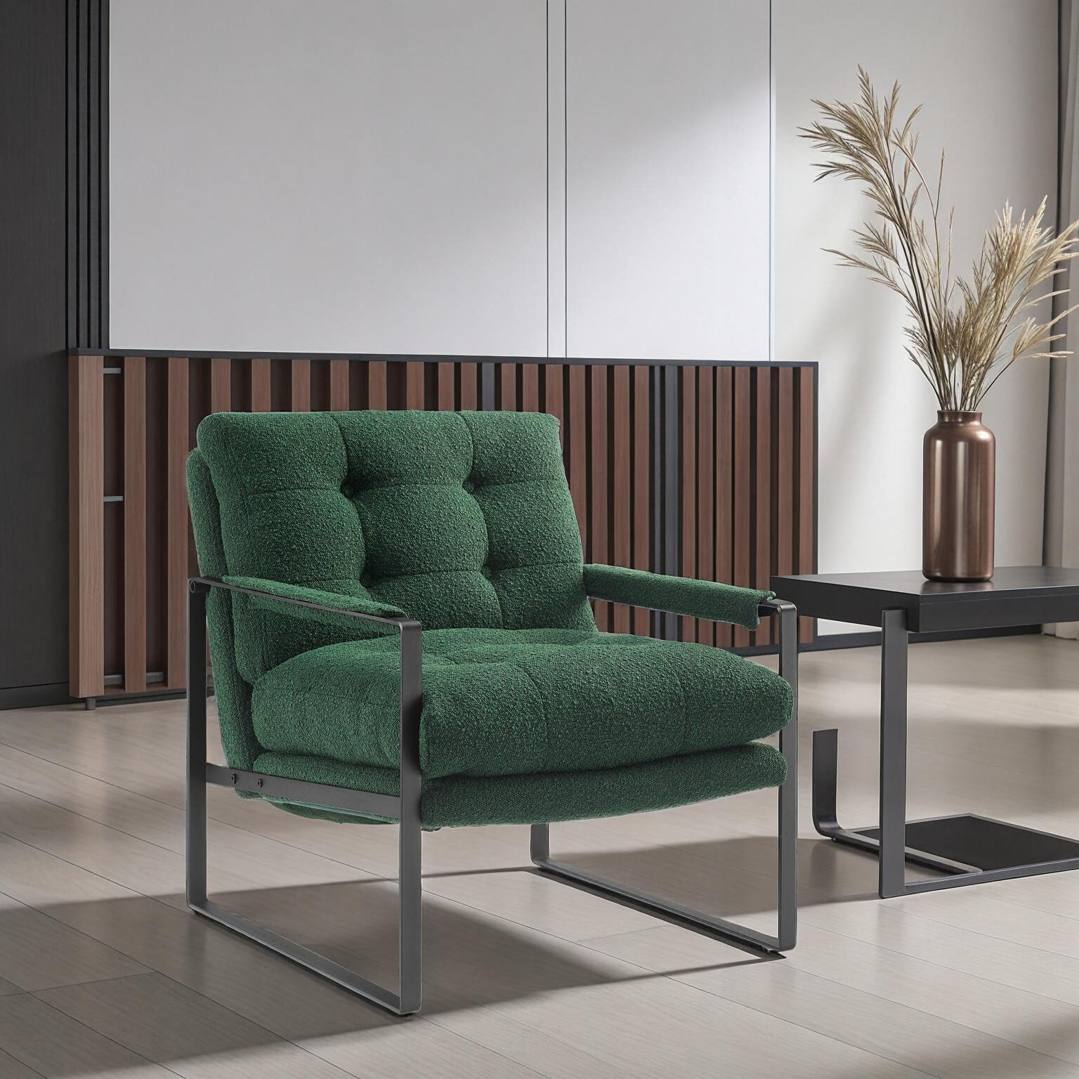 Mid Century Modern Accent Chair - Fat Ant Comfy Boucle Fabric Lounge Chair with Cushions, Sturdy Metal Frame Armchair for Living Room, Bedroom & Reading Nook (Green) - Perfect for Relaxing, Reading & Home Decor