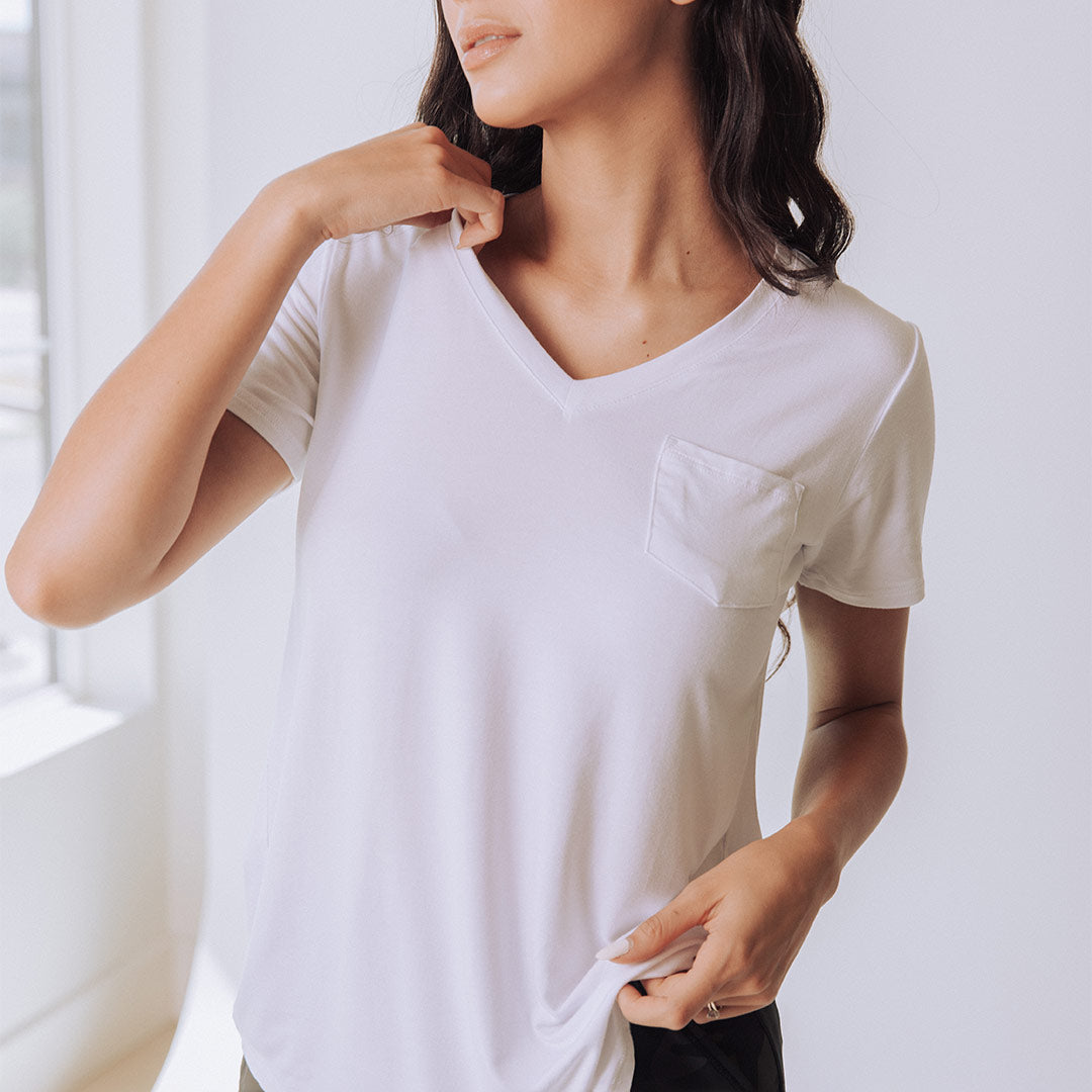 Soft & Breathable Bamboo V-Neck T-Shirt for Women - Eco-Friendly White Basic Tee - Perfect for Casual Wear, Yoga & Everyday Comfort