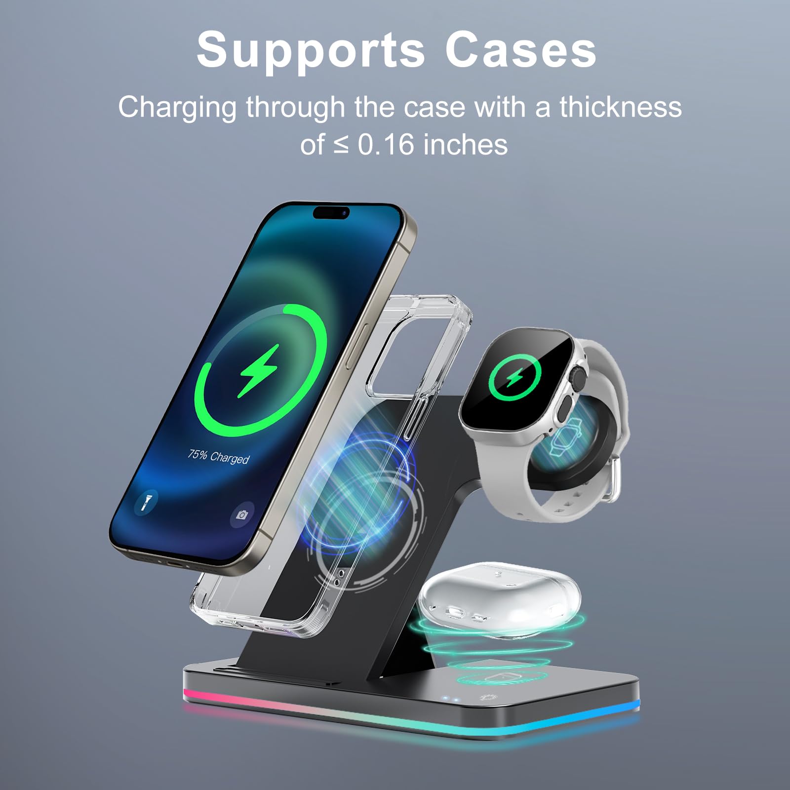3-in-1 Wireless Charging Station for iPhone 16/15/14/13 Pro Max - Fast Foldable Charger Stand with 18W Quick Charger for Apple Watch & AirPods Pro 2 - Perfect for Home, Office & Travel