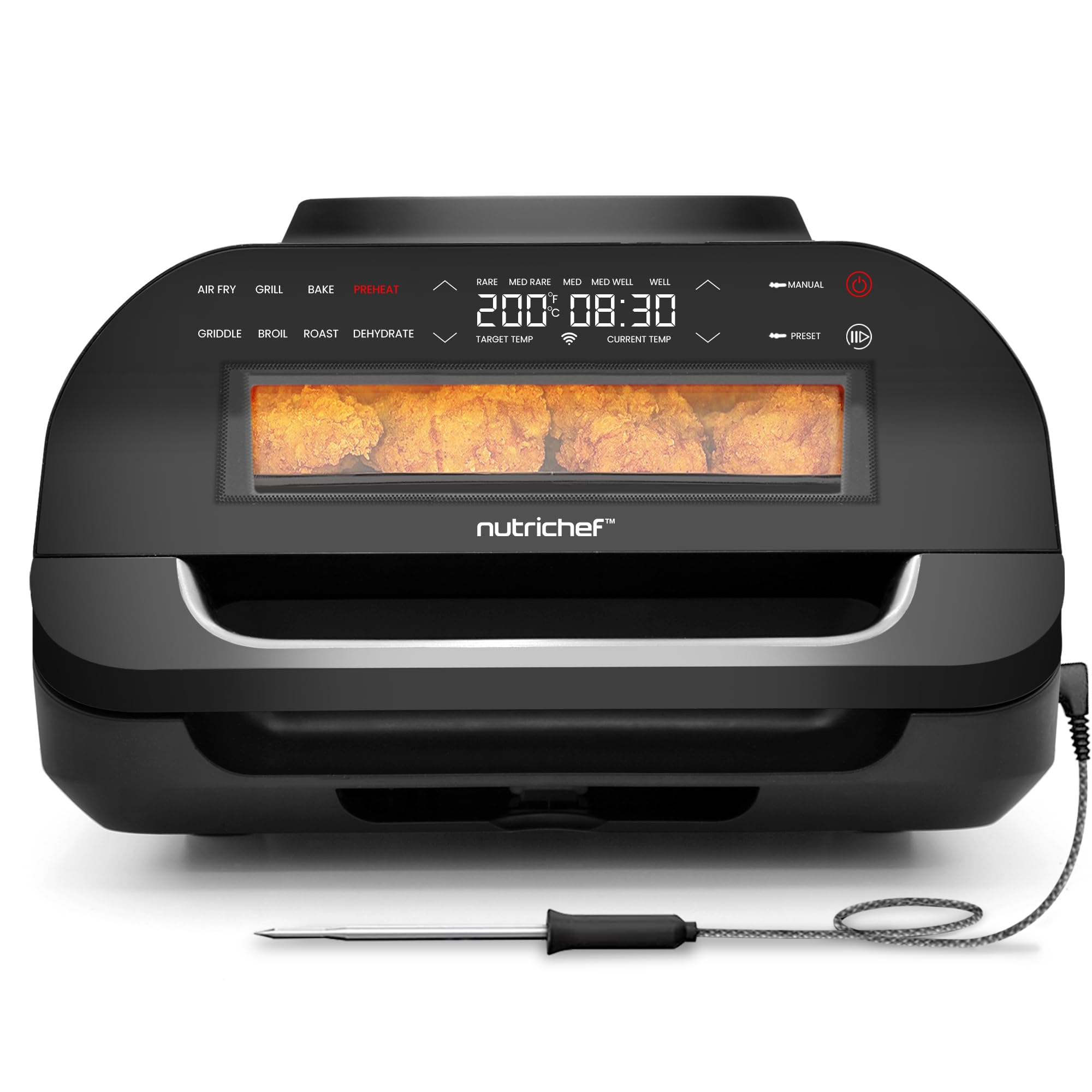NutriChef Indoor Smokeless Grill & Air Fryer Combo - 7-in-1 Smart Electric Grill with 6L Capacity, Smart Thermometer & Precise Temp Control - Nonstick Removable Plates for Healthy Cooking - Perfect for Apartments, Small Kitchens & Family BBQs