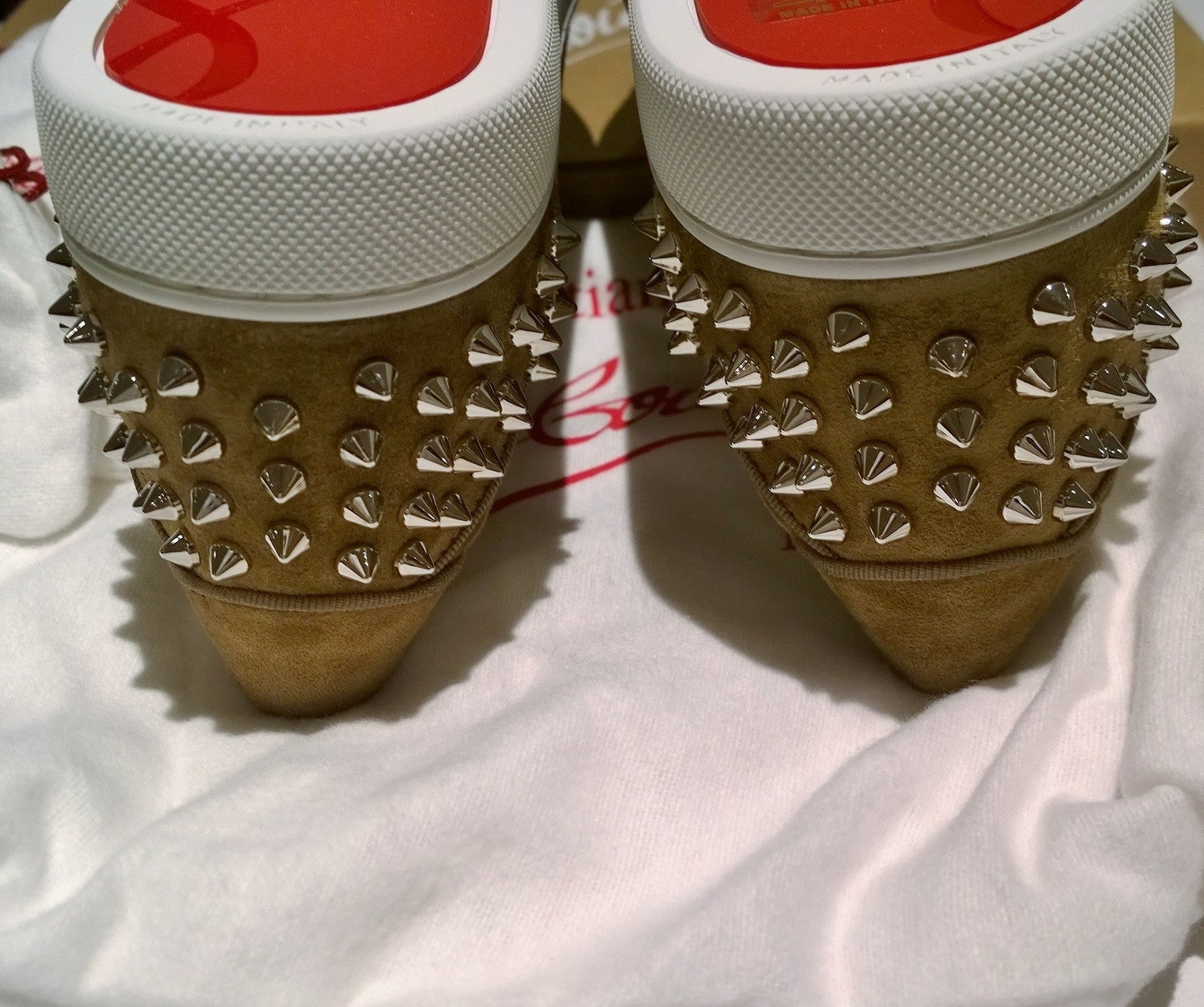 Christian Louboutin Vieira 2 Orlato Veau Fennec Suede Sneakers with Silver Spikes - Luxury Women's Fashion Trainers for Casual Wear & Night Out