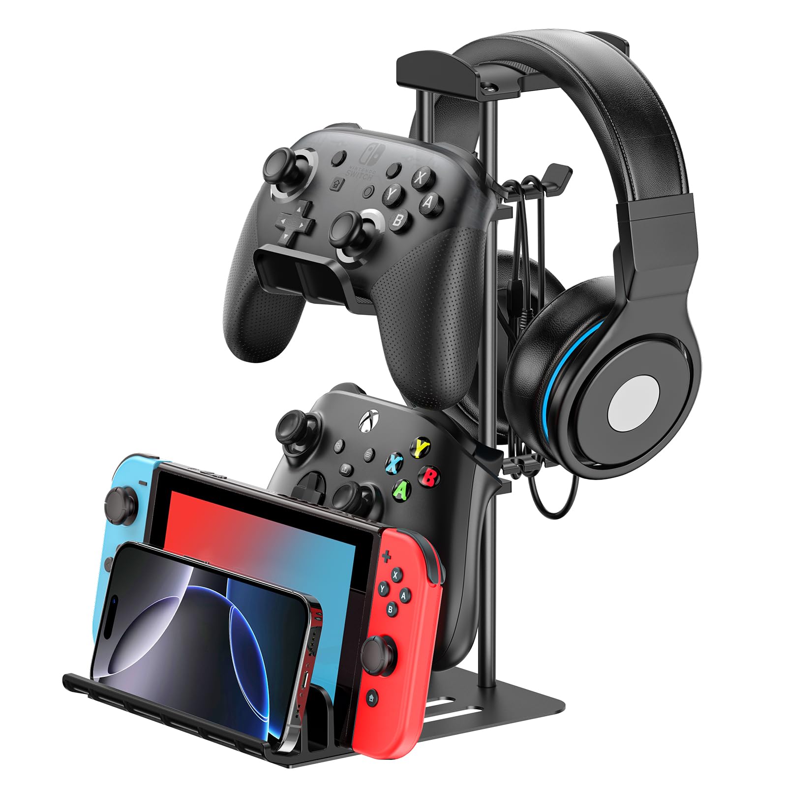 Premium Aluminum Headphone Stand & Gaming Controller Holder - Universal Desk Organizer for Headphones, Switch, Mobile Phone - Perfect for Gaming Setup & Office Workspace