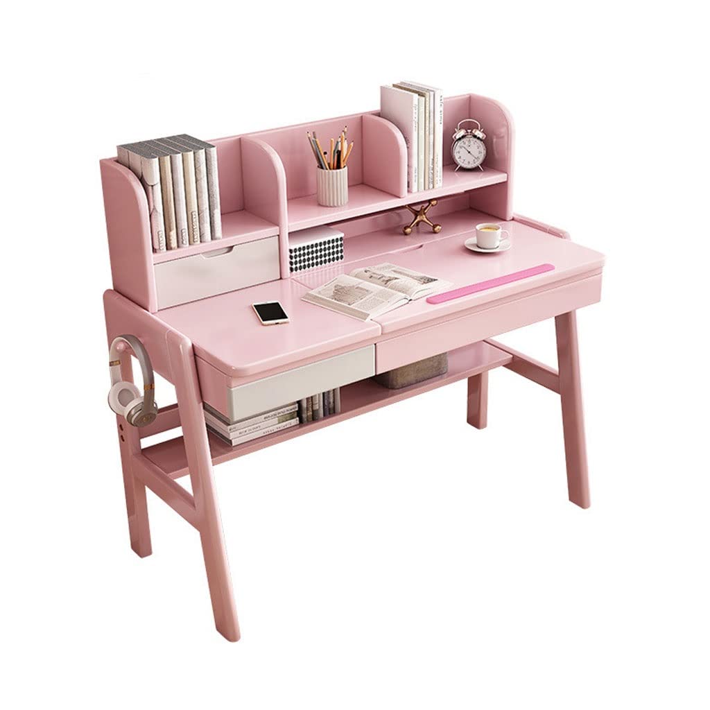 Adjustable Height Study Desk with 2-Tier Bookshelf & Drawer - Ergonomic Liftable Desk & Chair Set for Kids, Home Office, Reading & Writing - Includes Ear Hook & Shelf for School, Work & Gaming