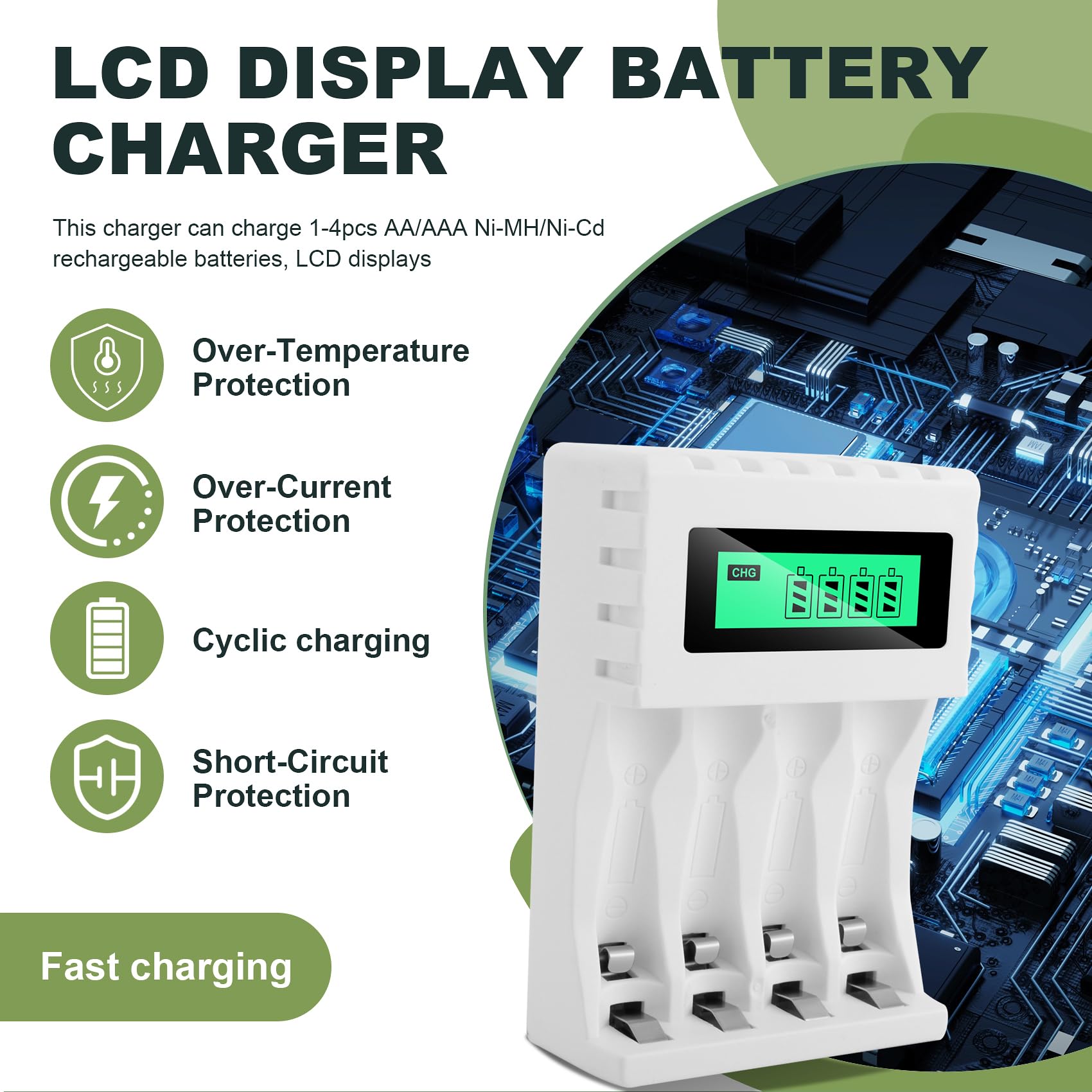 Smart LCD Display 4-Slot Battery Charger for AA/AAA NiCd/NiMH Rechargeable Batteries - Fast Charging with Auto Shutoff - Perfect for Cameras, Toys, and Home Electronics