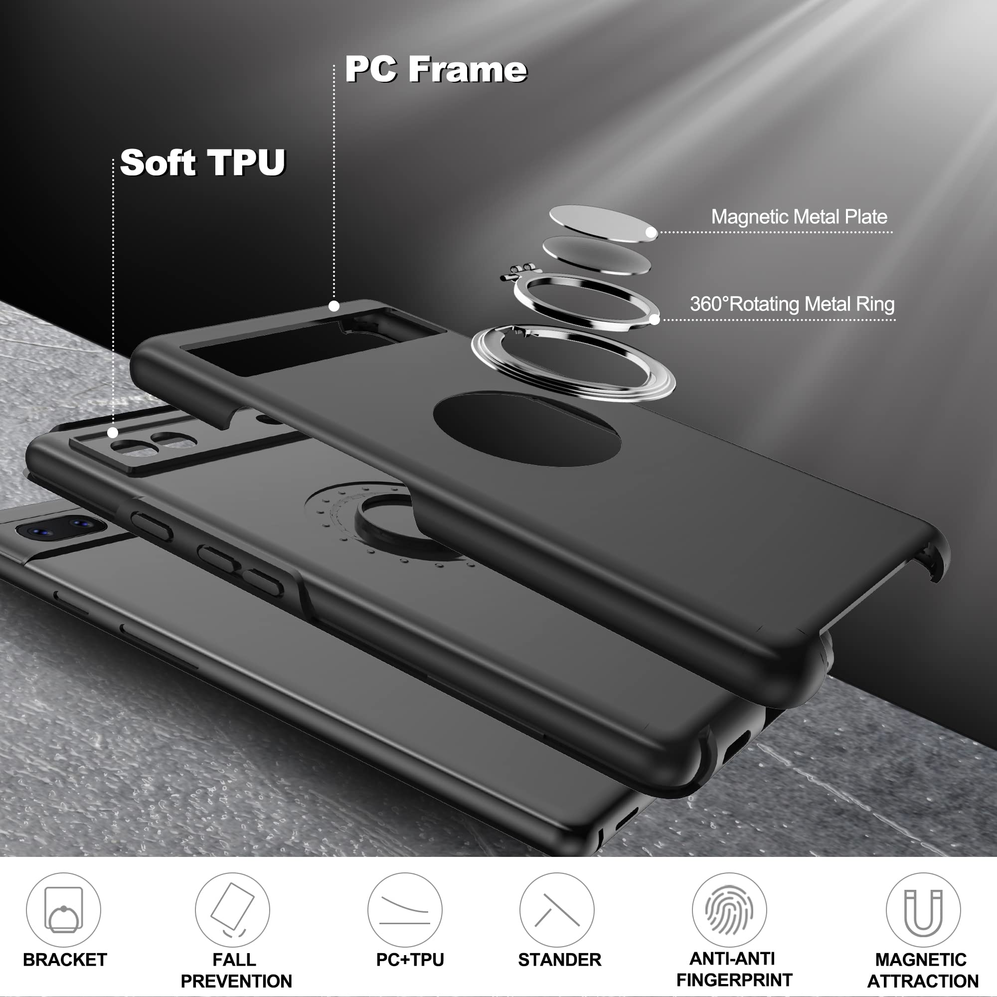 Premium Shockproof Google Pixel 6A Case with HD Screen Protector & 360° Magnetic Ring Holder Kickstand - Durable Protective Phone Cover for Google Pixel 6A (Black) - Perfect for Work, Travel, and Everyday Use