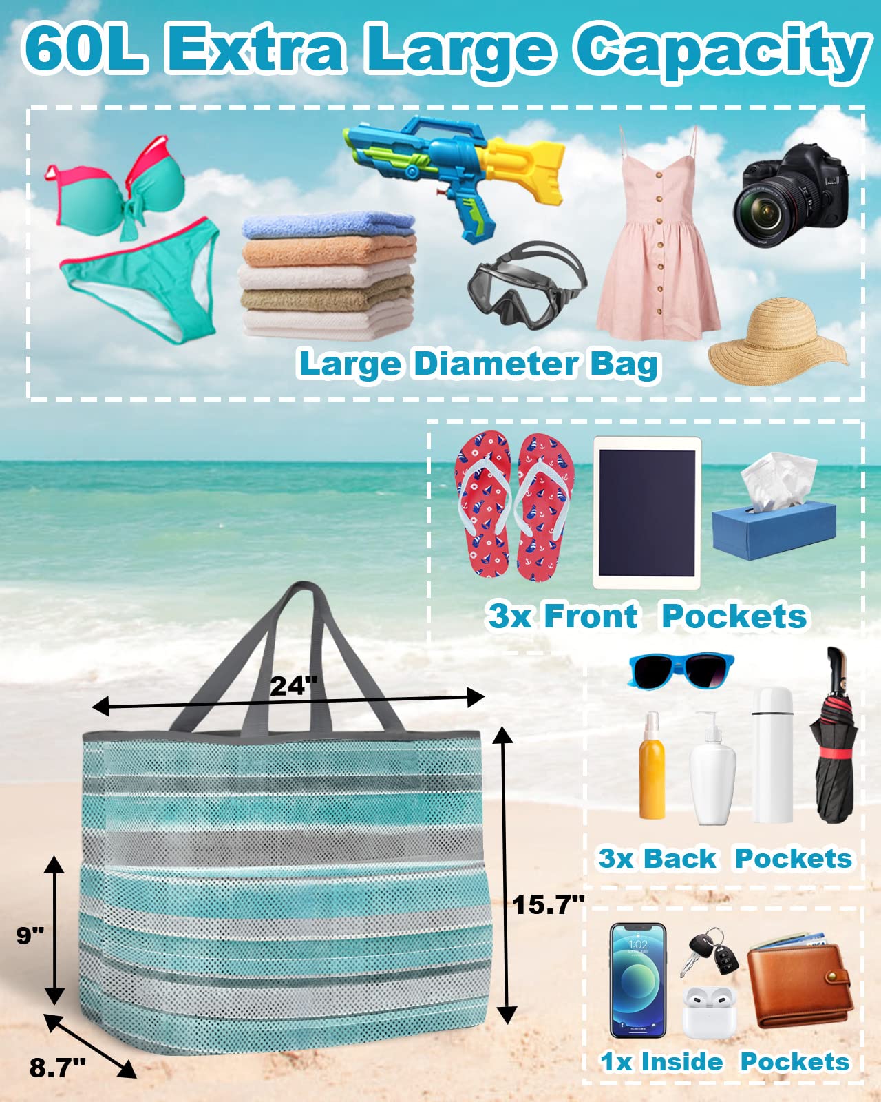 Nordic Abstract Mesh Beach Tote Bag - 60L Oversized Foldable Lightweight Swim Bag with Pockets | Turquoise Gray Gradient Stripes | 24