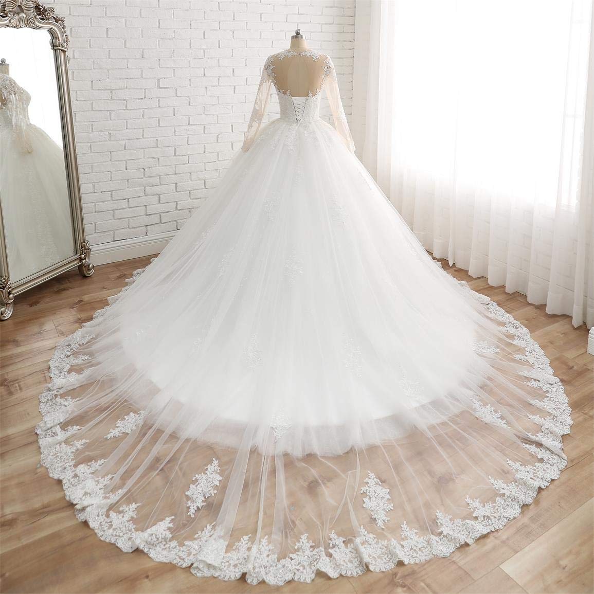Elegant Long Sleeve A-Line Bridal Gown with Beaded Lace Detailing - Ivory Plus Size Wedding Dress with Train (20+) | Perfect for Beach Weddings, Formal Ceremonies & Romantic Photos