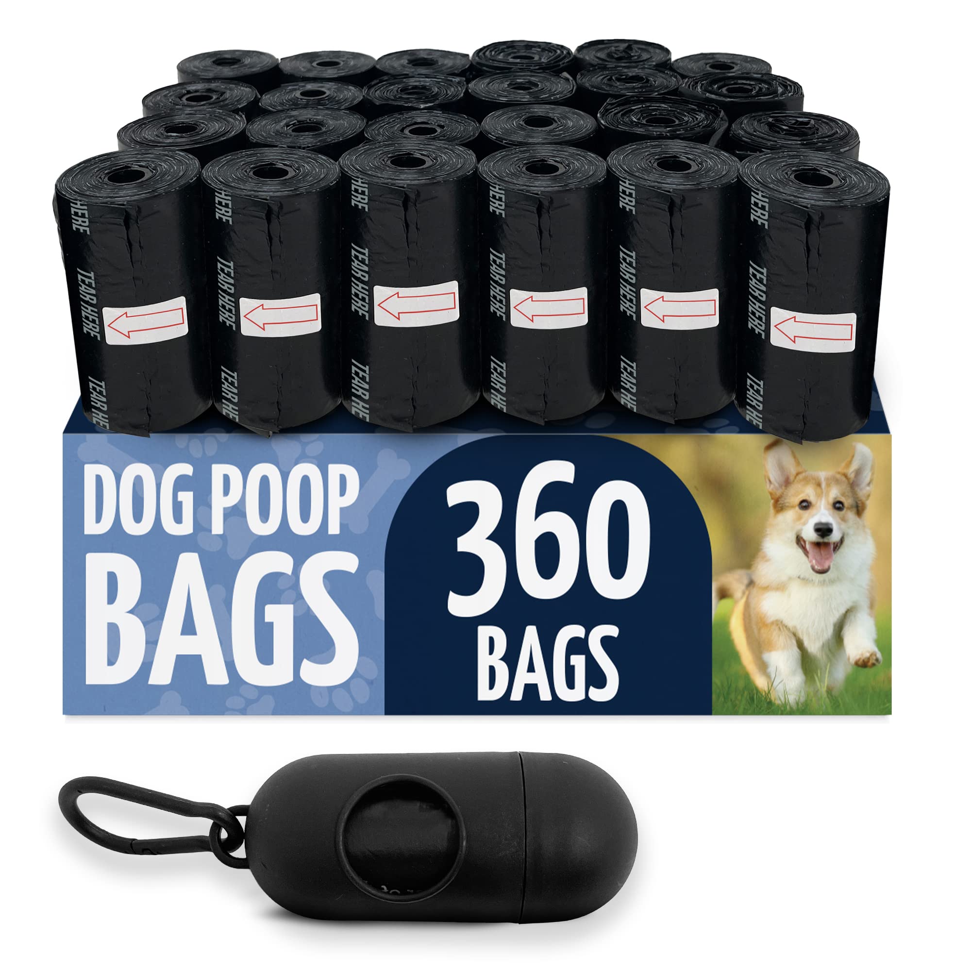 **Reliable Dog Poop Bags with Holder (360 Pack - 24 Rolls) | Leash Clip Dispenser | 9x13