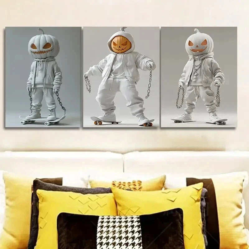 3-Piece Evil Pumpkin Wall Art Set - Framed Canvas 50x70cm (19.7x27.6in) - High Quality Print - 100% Australian Made - Ready to Hang - Perfect for Halloween Decor, Gothic Home Decor & Spooky Room Decor