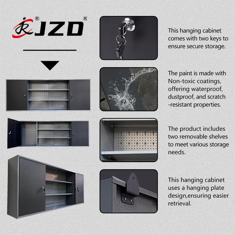 JZD Heavy Duty Metal Wall Mount Tool Storage Cabinet - Lockable Garage Organizer with Black & Grey Finish - Perfect for Garage, Workshop & Home Tool Organization